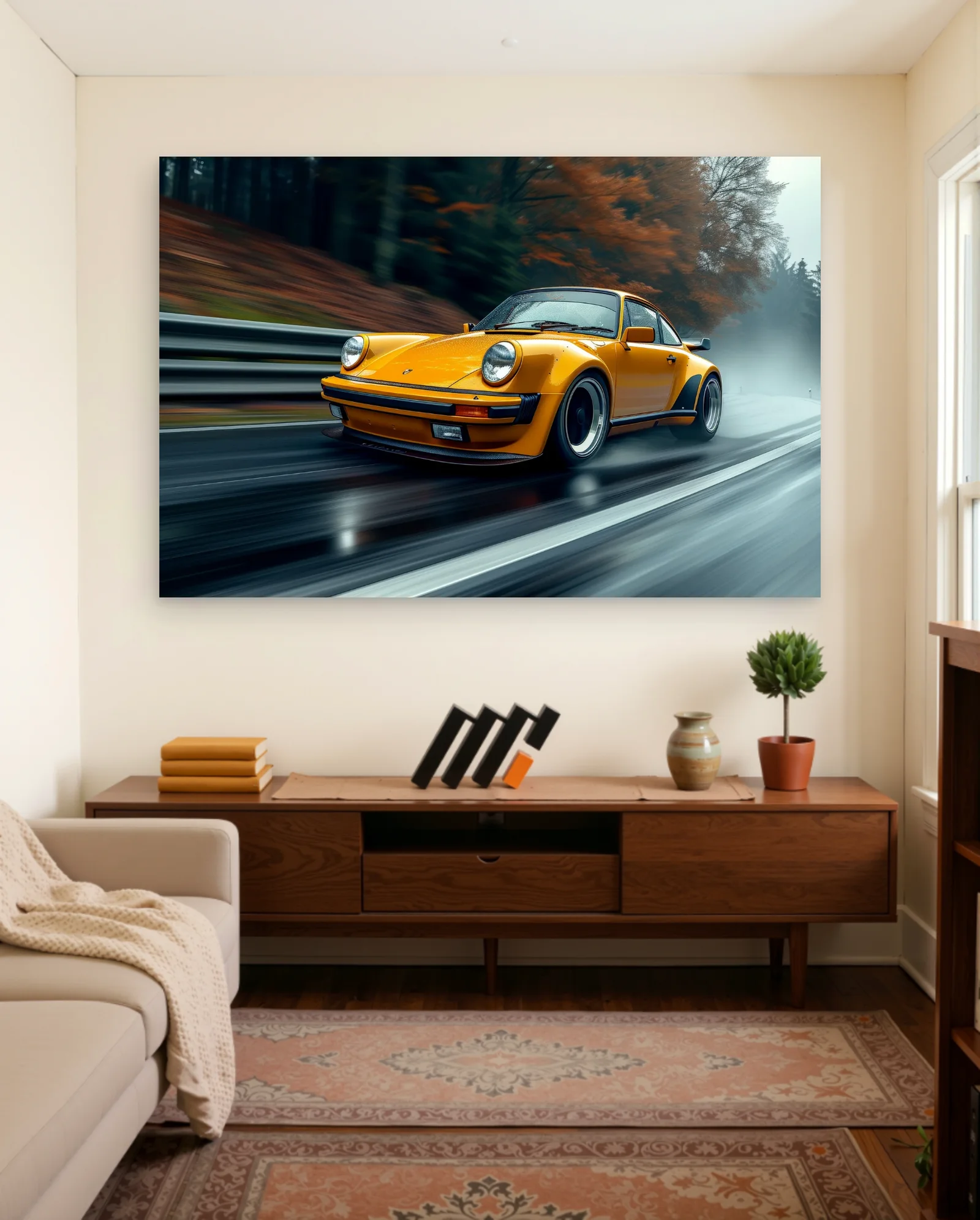 Yellow Porsche 911 Turbo Autumn Road Poster — framed wall art poster by Memocult
