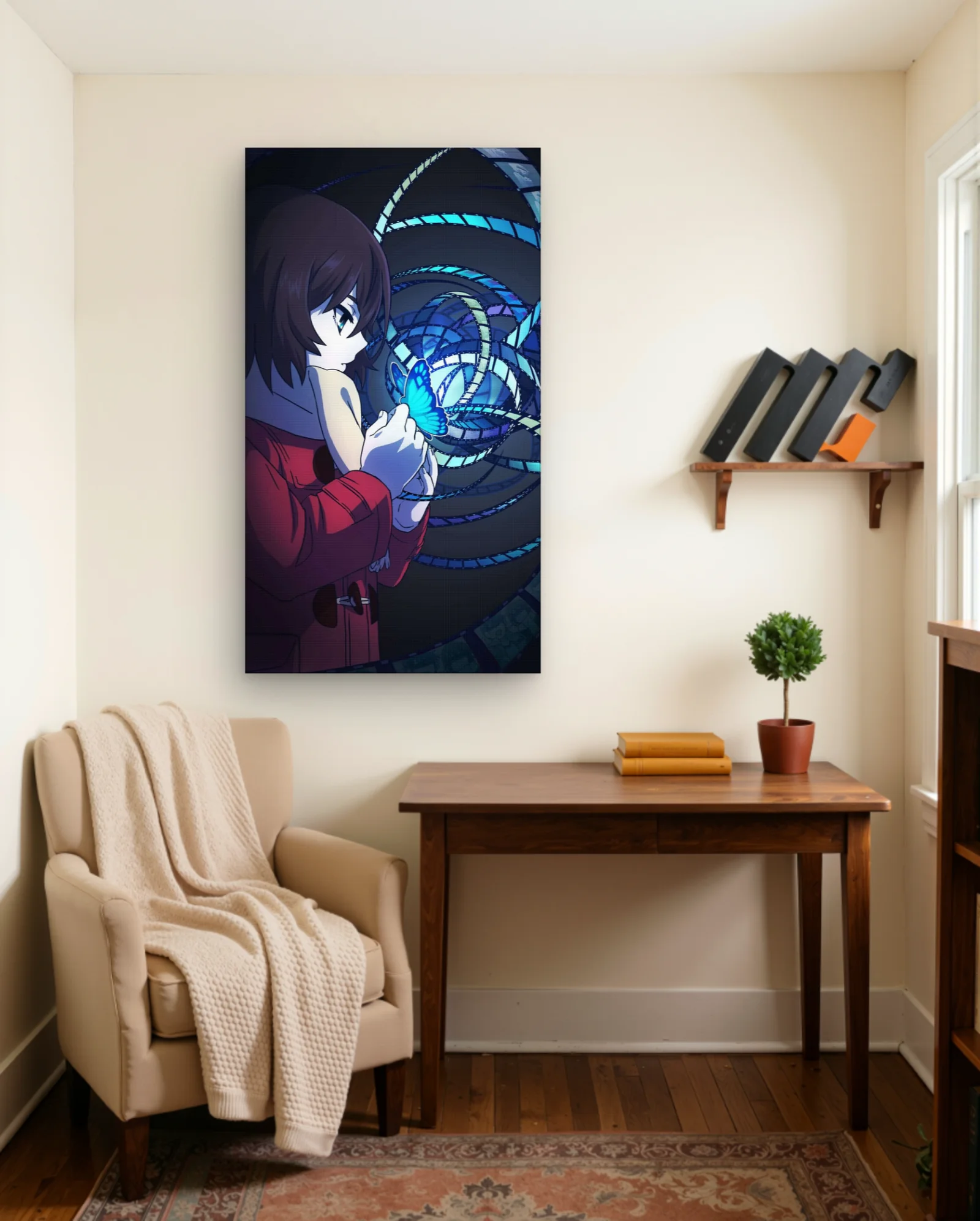 Perfect Blue Girl Butterfly Film Art Print — framed wall art poster by Memocult