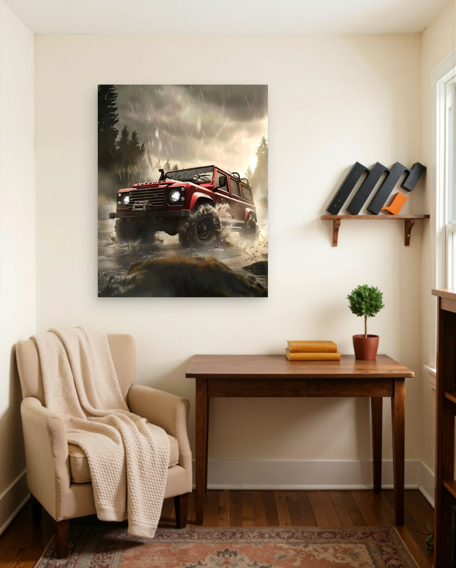 Red Defender Off-Roading in Rain — framed wall art poster by Memocult