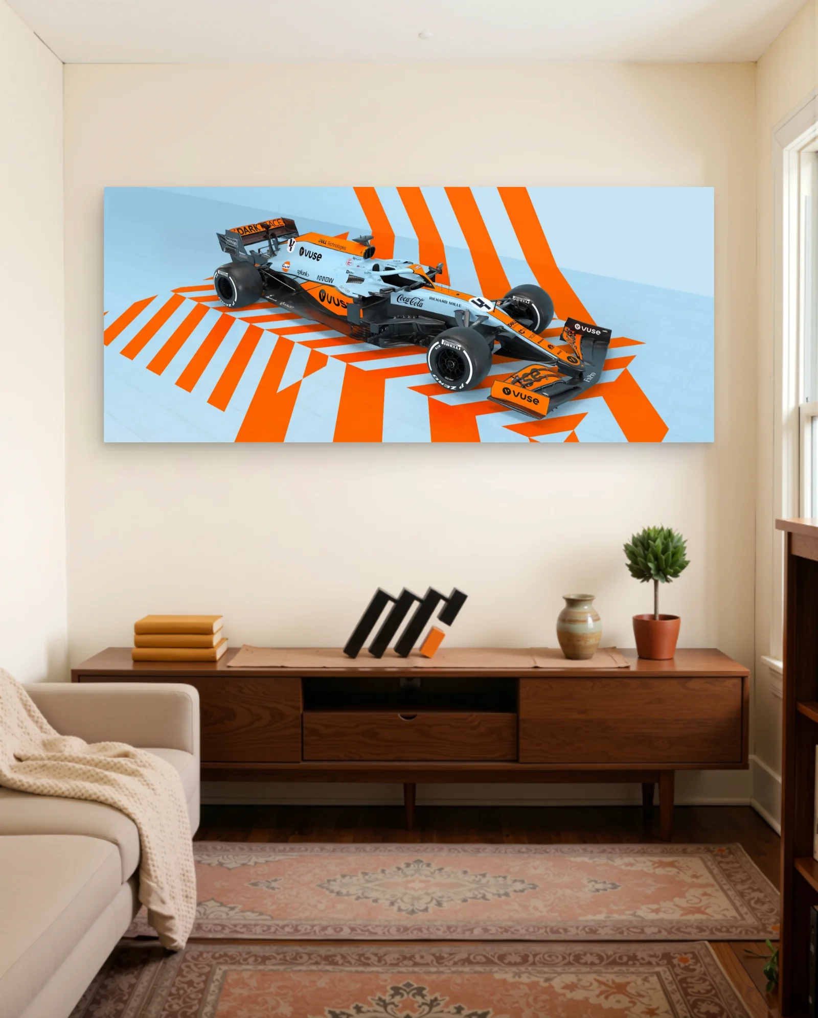 McLaren F1 Car Number 4 Orange Blue Poster — Formula 1 motorsport wall art poster