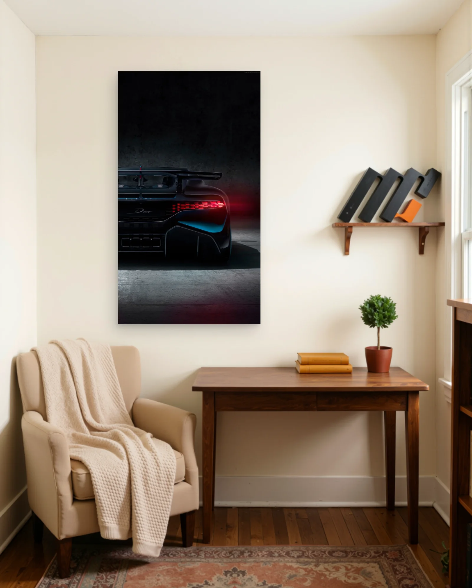 Bugatti Divo Rear Taillights Blue Poster — framed wall art poster by Memocult