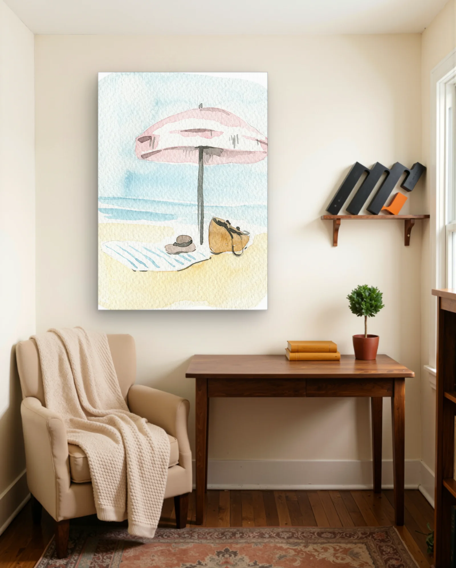 Pink Beach Umbrella With Straw Hat Wall Art — framed wall art poster by Memocult