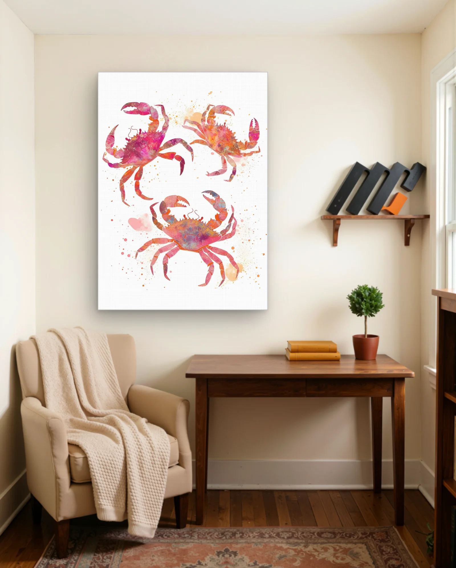 Triple Pink Watercolor Crabs Wall Art — framed wall art poster by Memocult