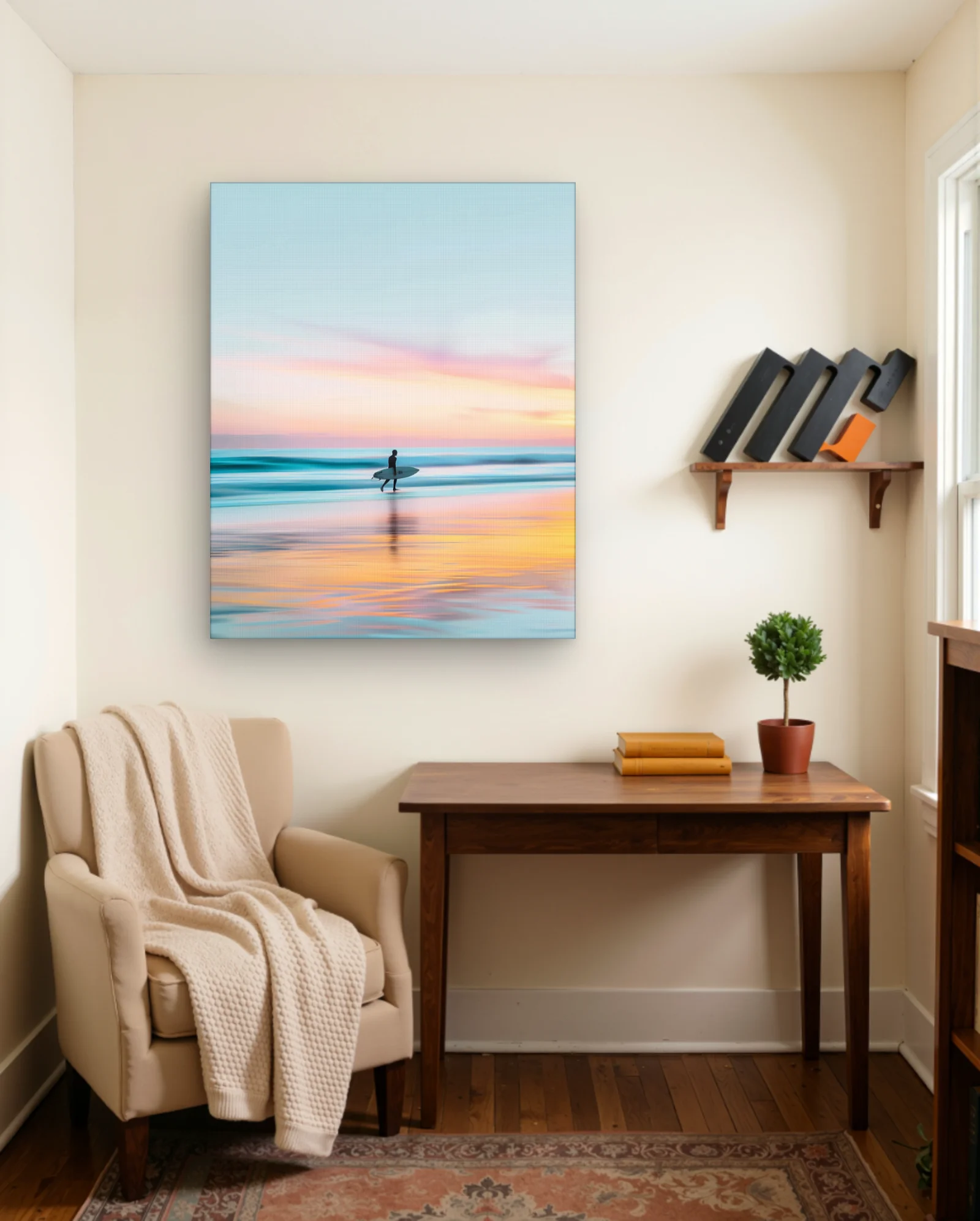 Surfer Walking At Pastel Dawn Wall Art — framed wall art poster by Memocult