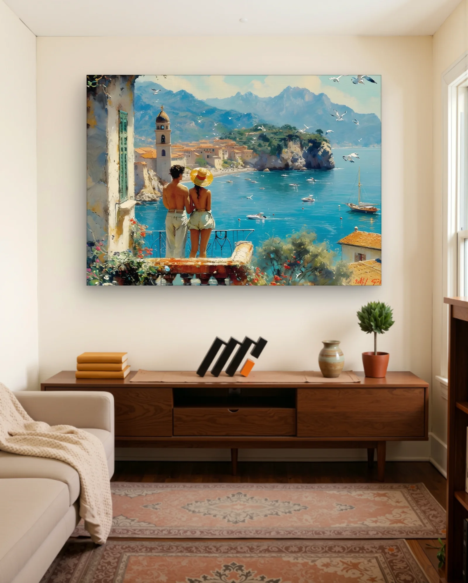 Couple On Balcony Amalfi Coast Wall Art — framed wall art poster by Memocult