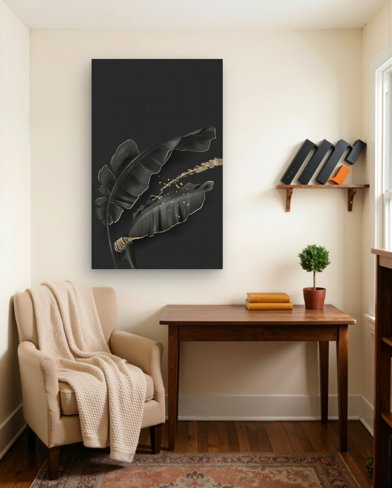 Black Banana Leaves Gold Splash Wall Art — framed wall art poster by Memocult