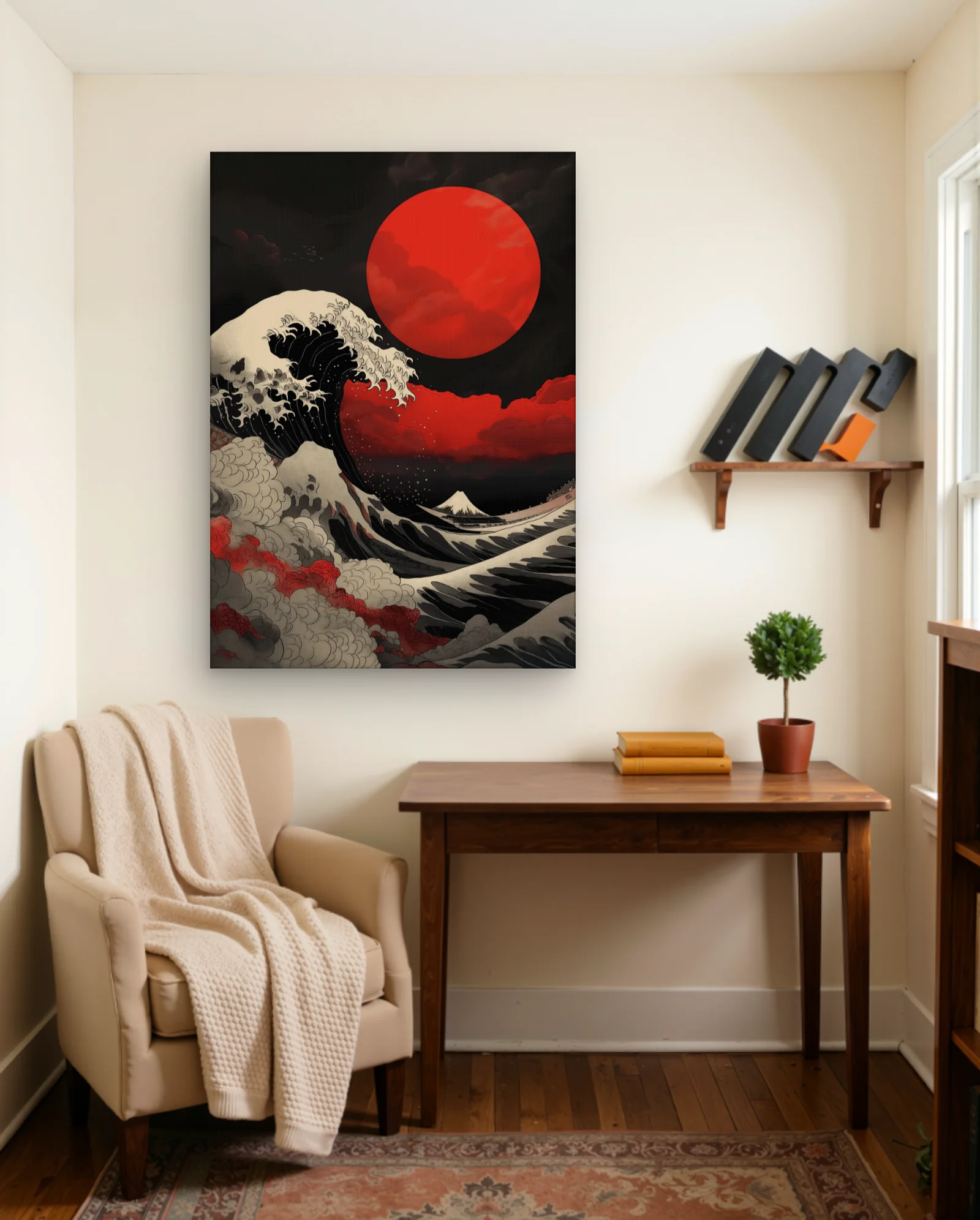 Great Wave Red Sun Mount Fuji Art Print — framed wall art poster by Memocult