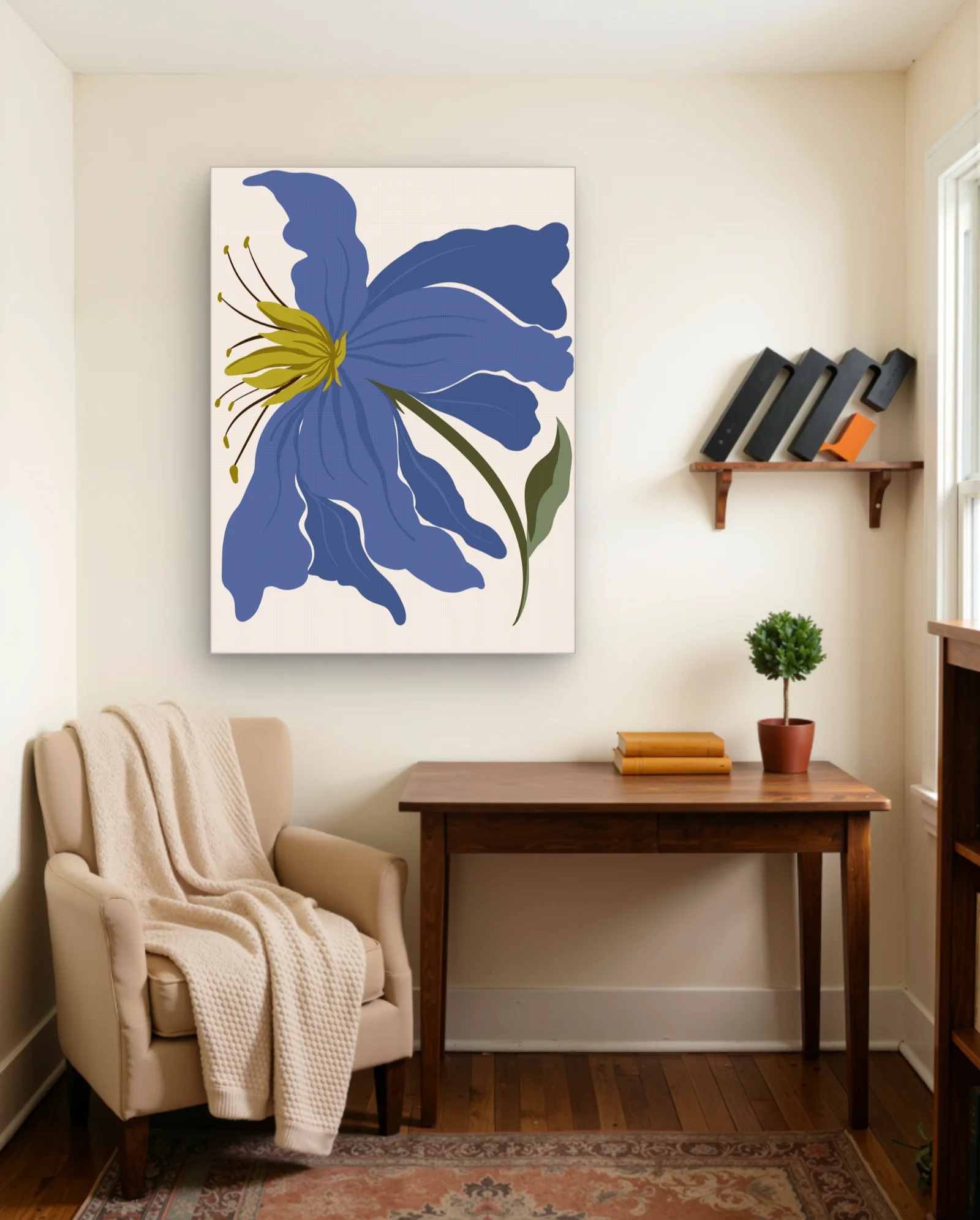Blue Flower With Yellow Center Wall Art — Abstract abstract & modern wall art poster
