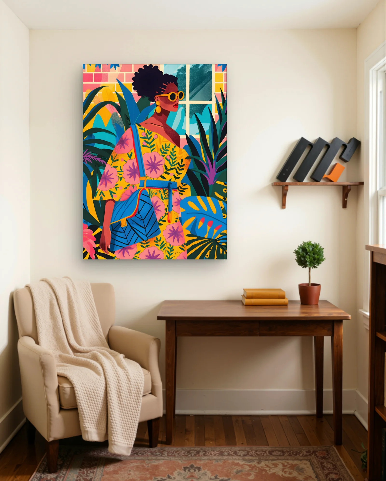 Afro Woman Floral Dress Sunglasses Wall Art — framed wall art poster by Memocult