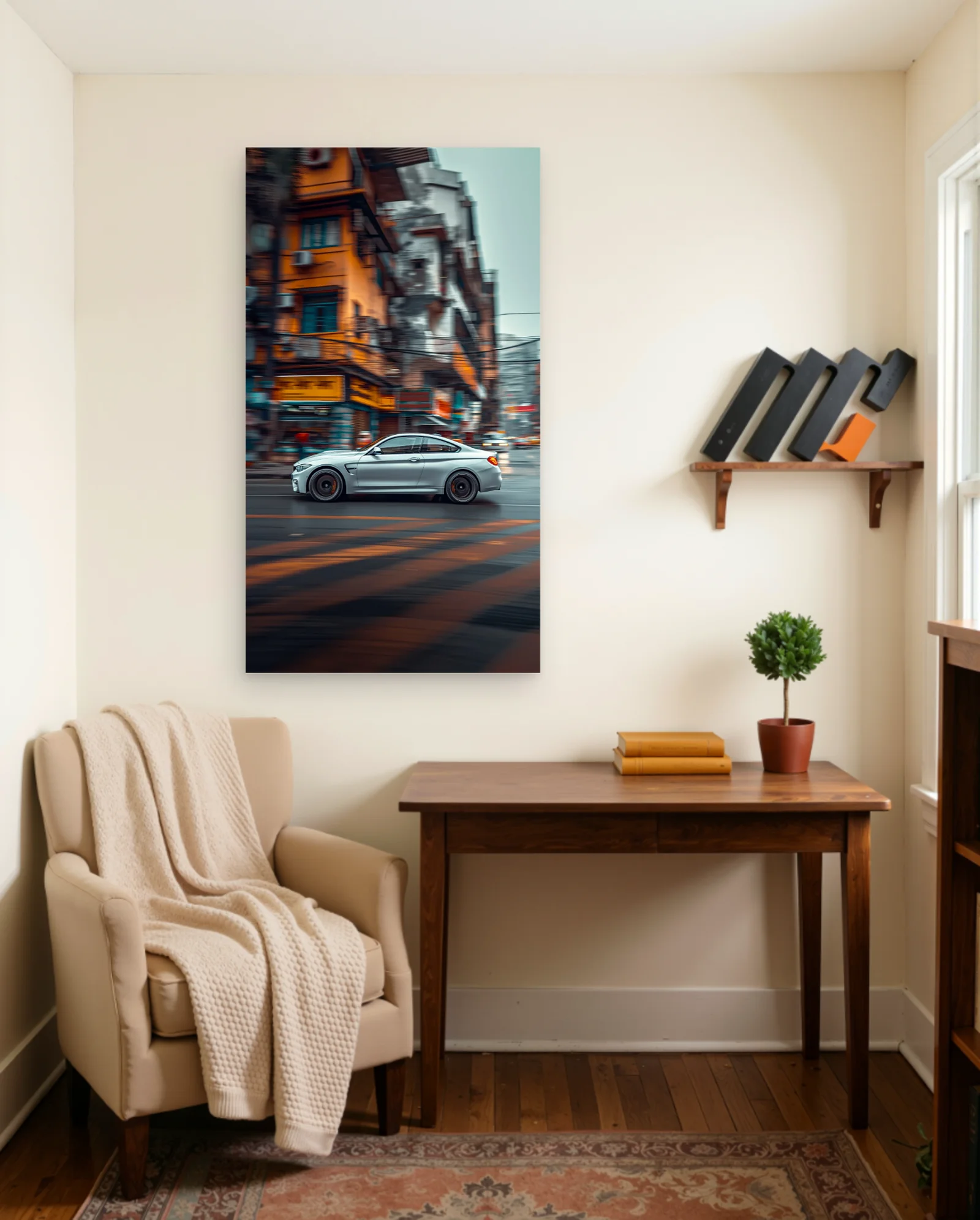 Silver BMW M4 City Drive Poster — framed wall art poster by Memocult