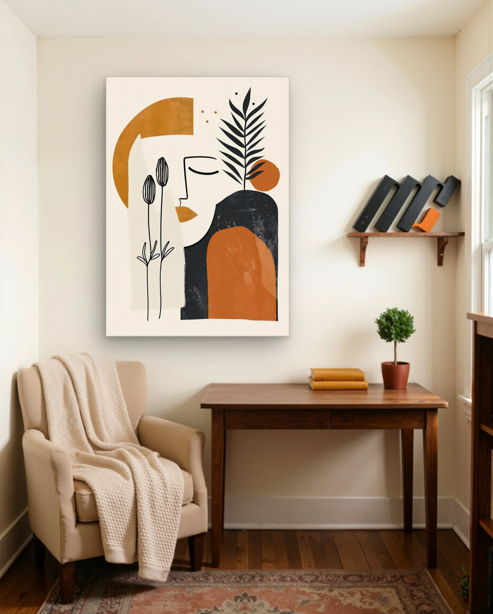 Abstract Face With Palm Leaf And Flowers Wall Art — framed wall art poster by Memocult