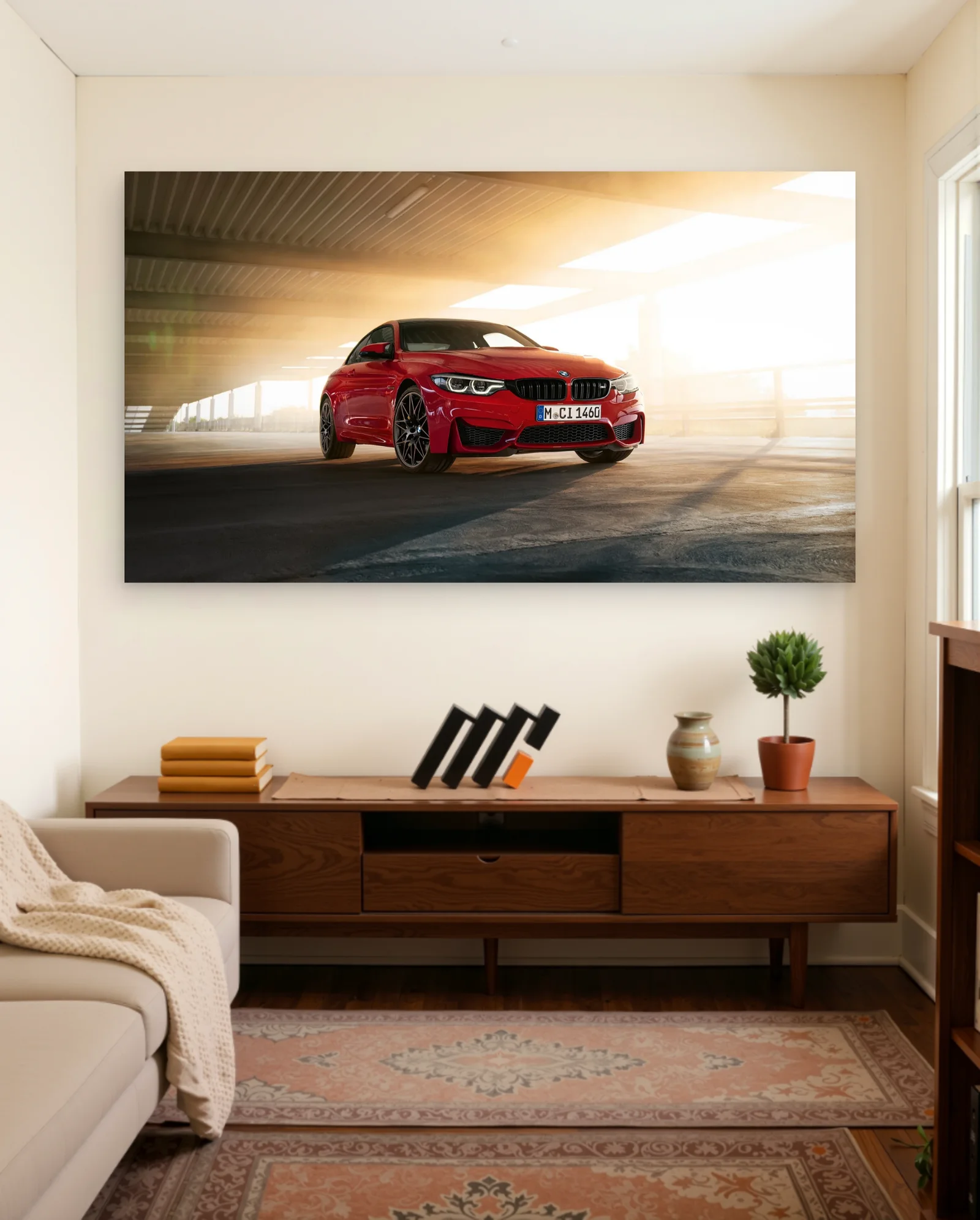 Red BMW M4 Coupe Parking Garage Poster — framed wall art poster by Memocult