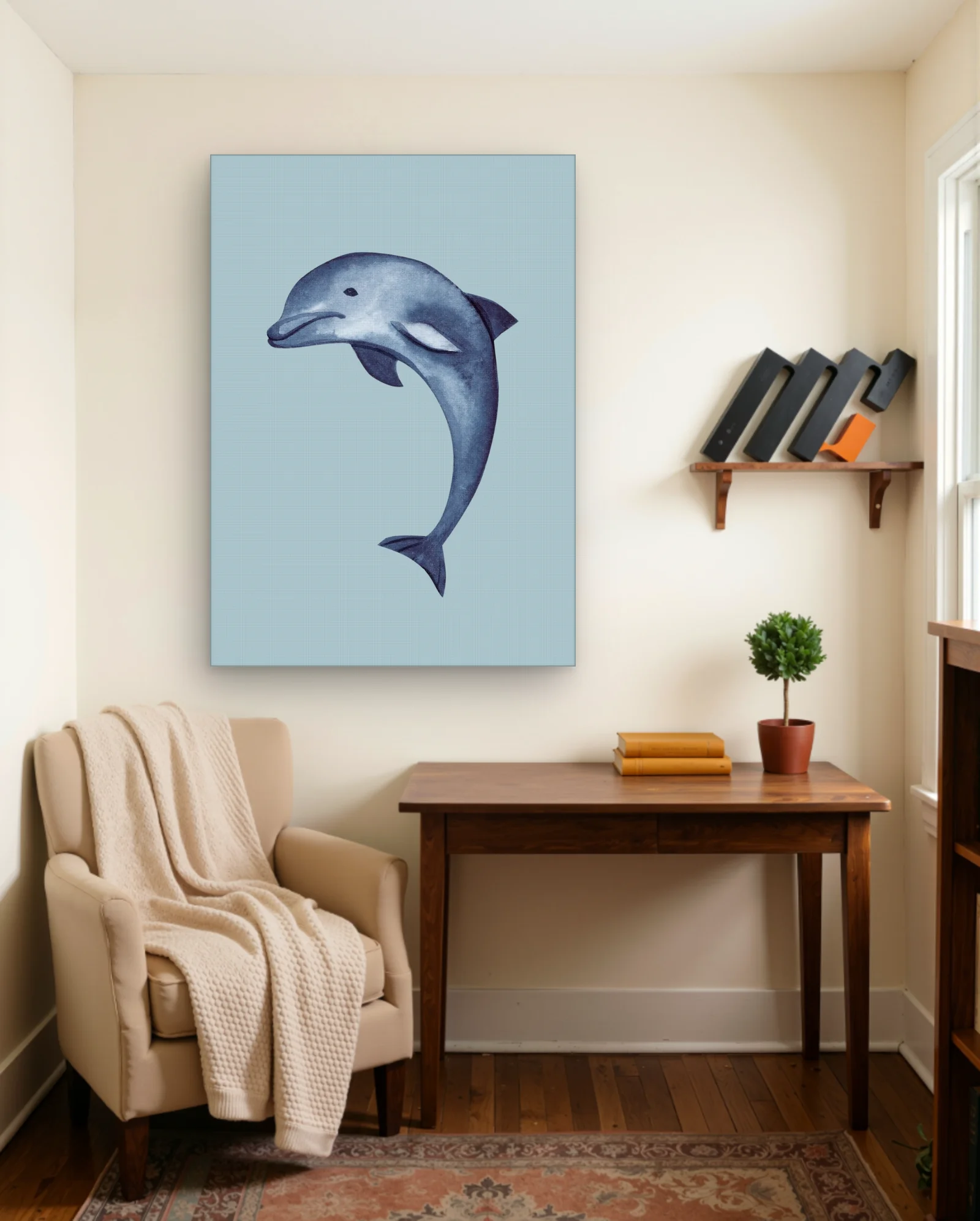 Blue Watercolor Dolphin Curved Tail Wall Art — Abstract abstract & modern wall art poster