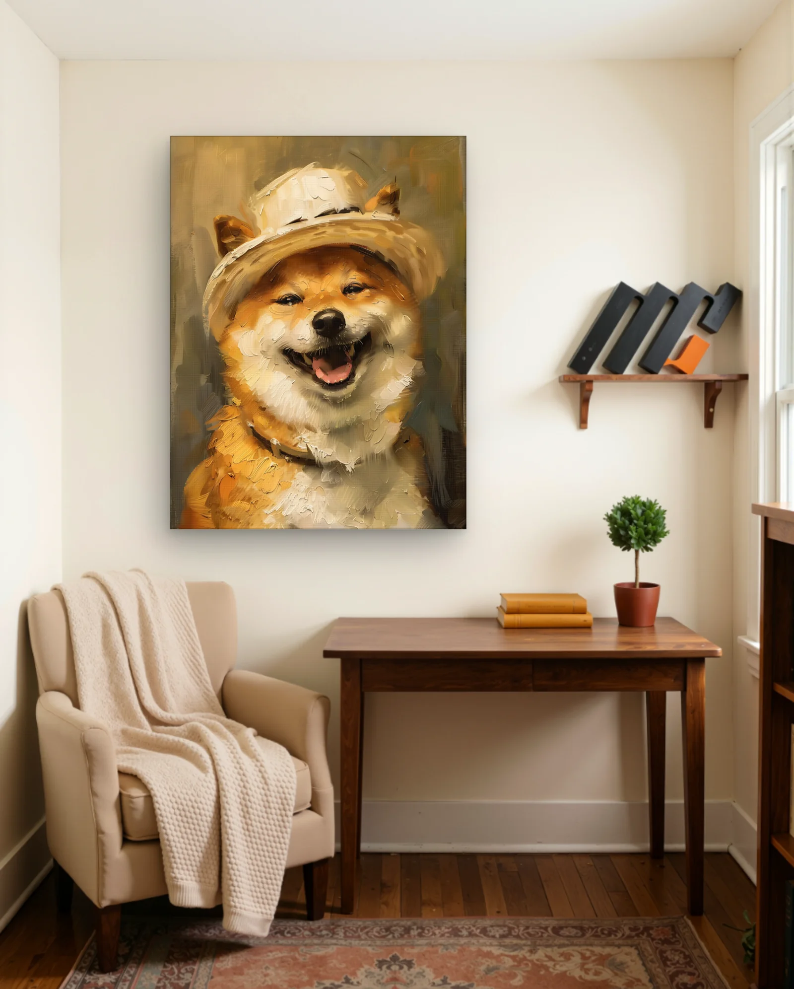 Shiba Inu Smiling — Painterly Straw Hat Close‑Up — framed wall art poster by Memocult