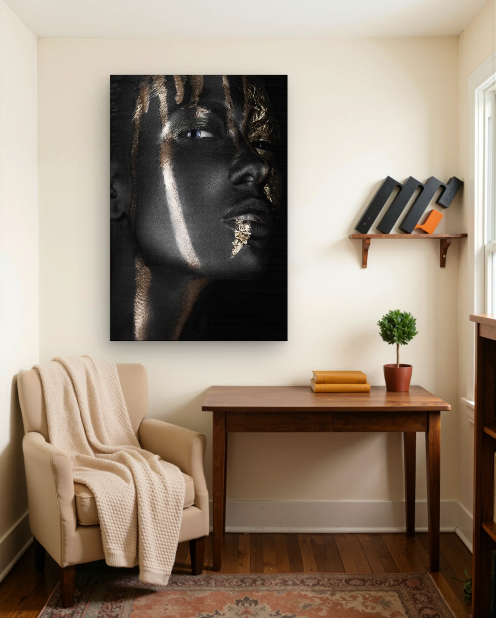 Black Body Paint Gold Drips On Face Wall Art — framed wall art poster by Memocult