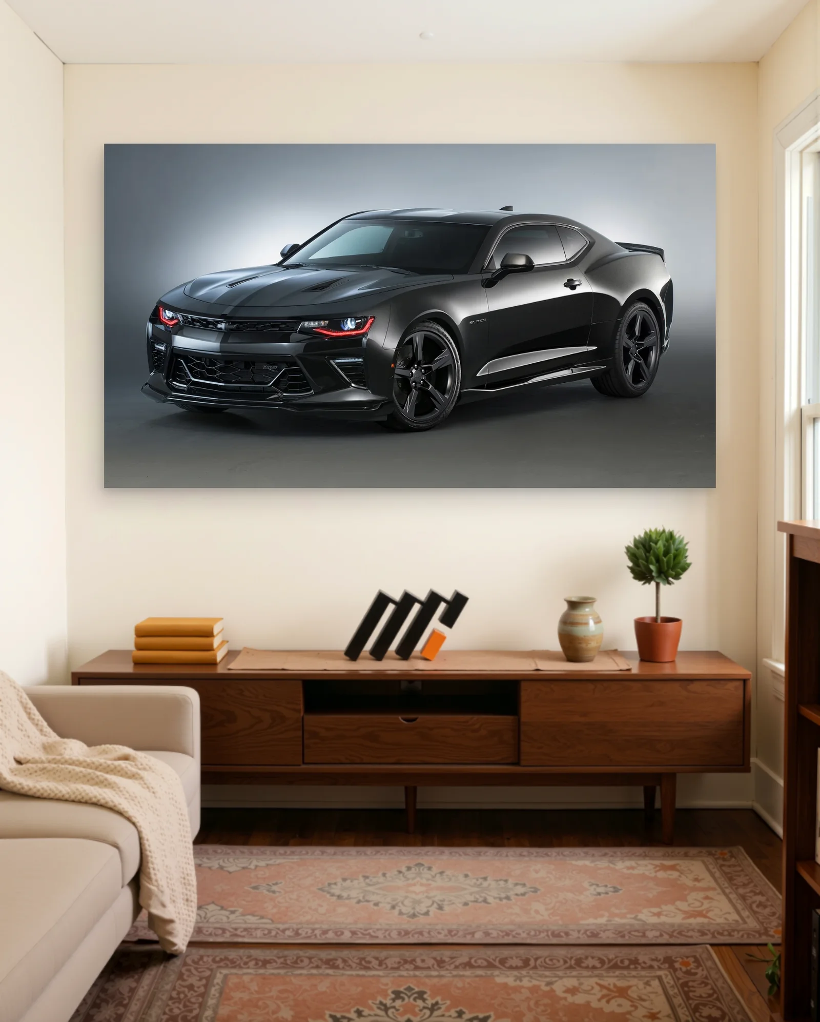 Matte Black Chevrolet Camaro Red Accents Poster — framed wall art poster by Memocult
