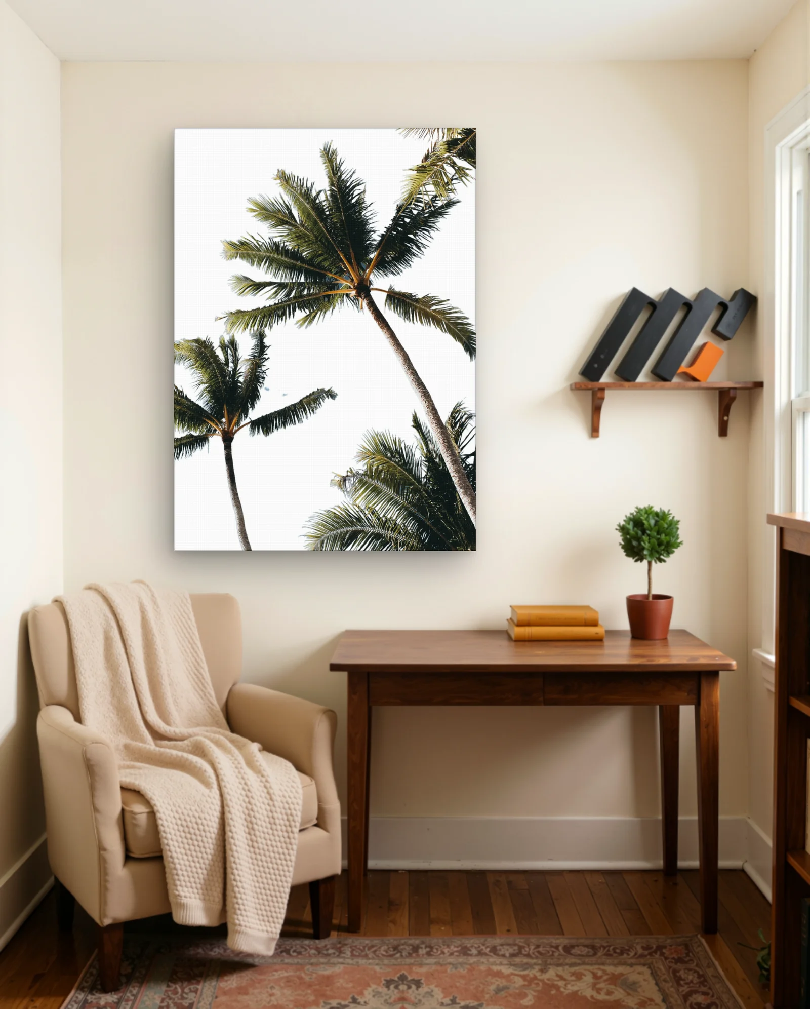 Palm Trees Upward View White Sky Wall Art — framed wall art poster by Memocult