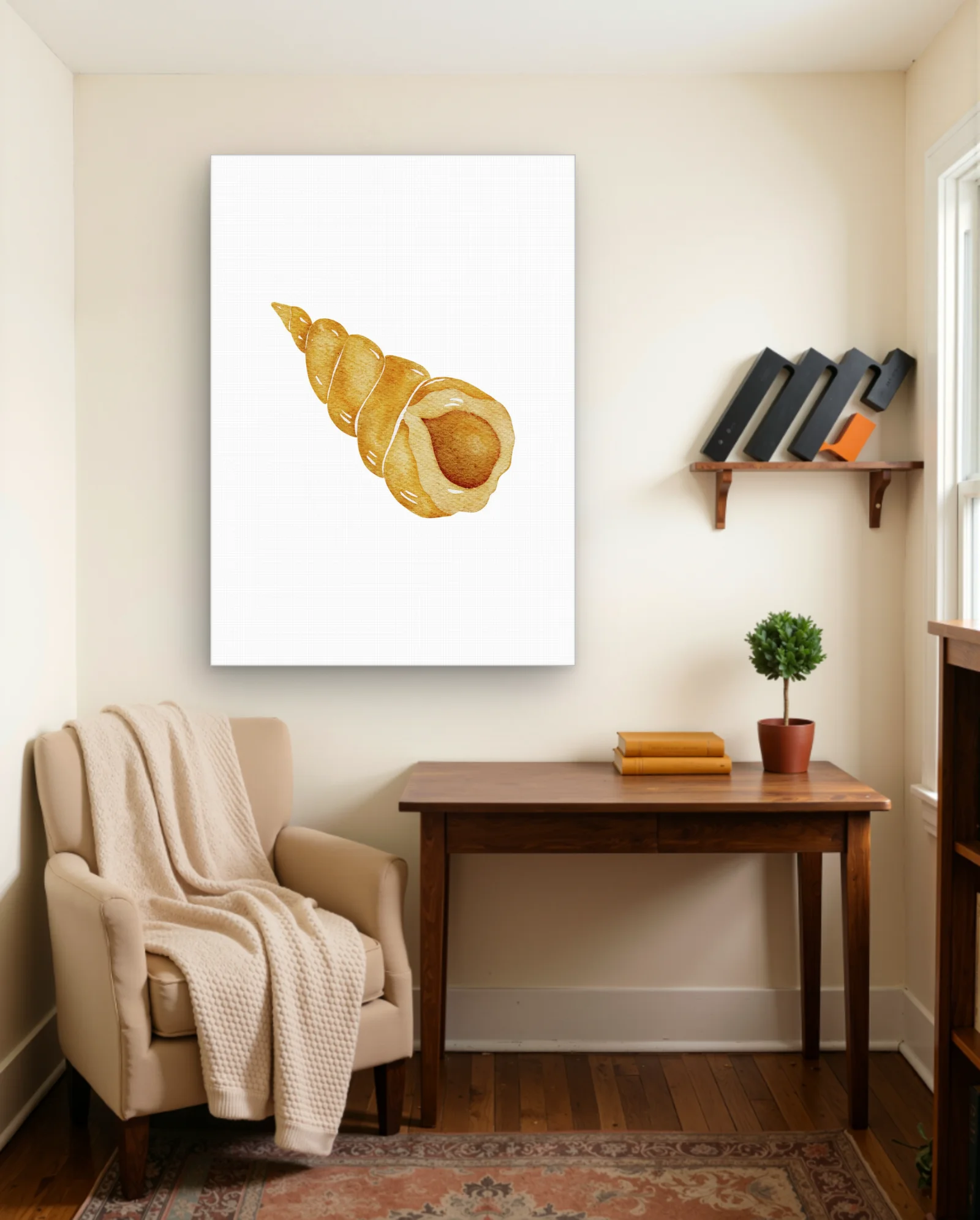 Golden Spiral Seashell Watercolor Wall Art — framed wall art poster by Memocult