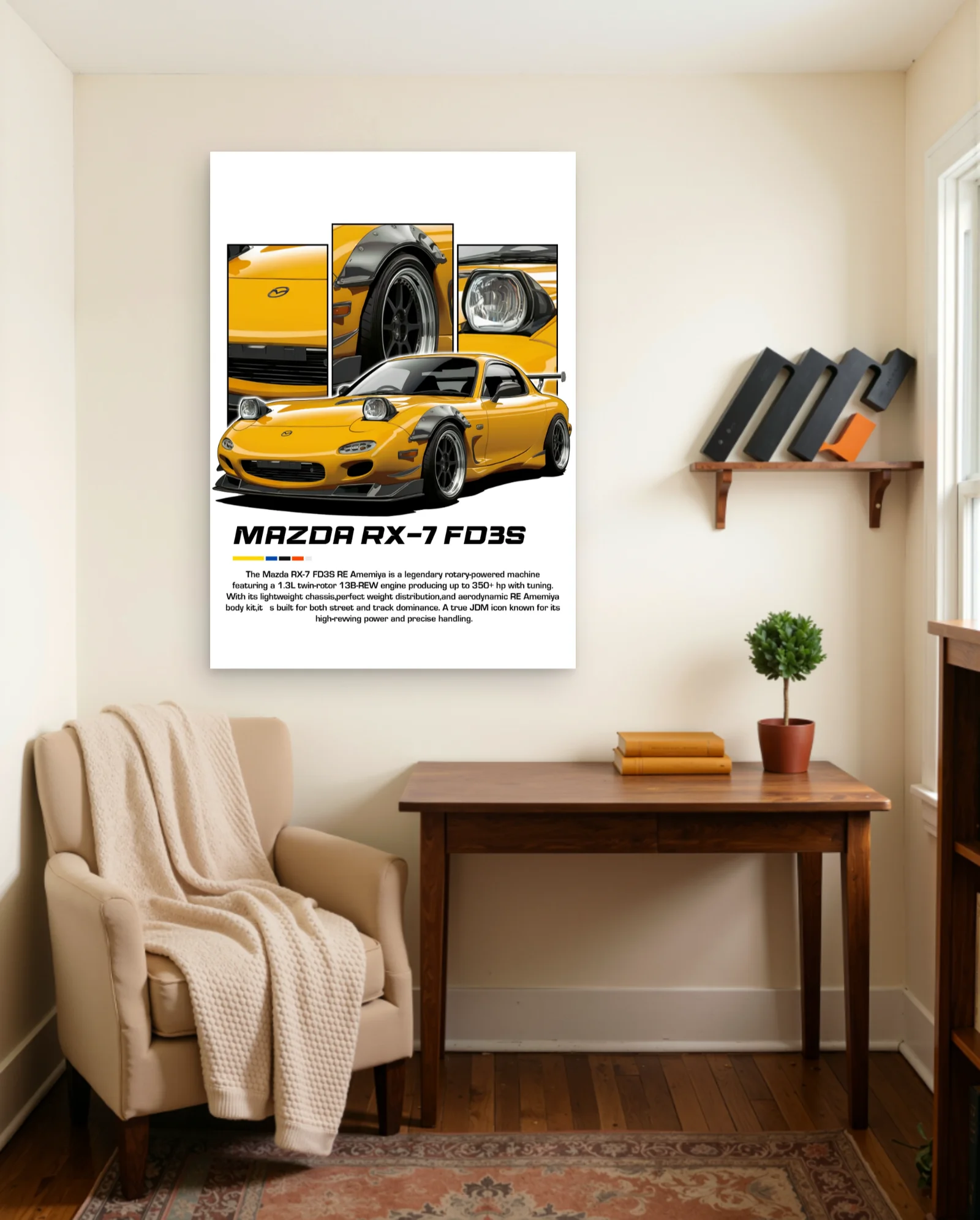 Mazda RX-7 FD3S RE Amemiya Yellow Poster — framed wall art poster by Memocult