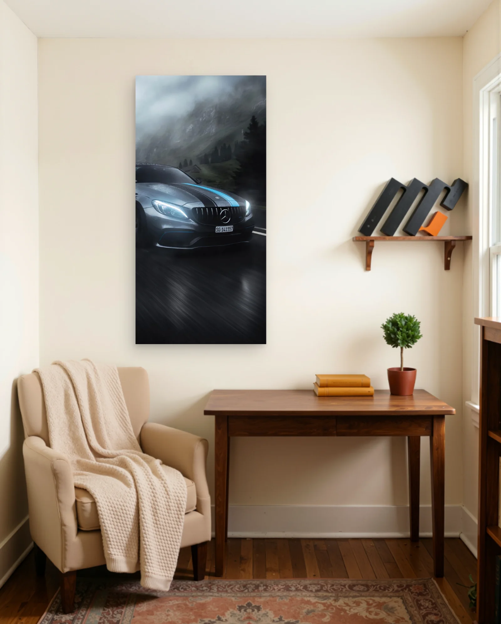 Mercedes AMG C63 Blue Stripe Poster — framed wall art poster by Memocult