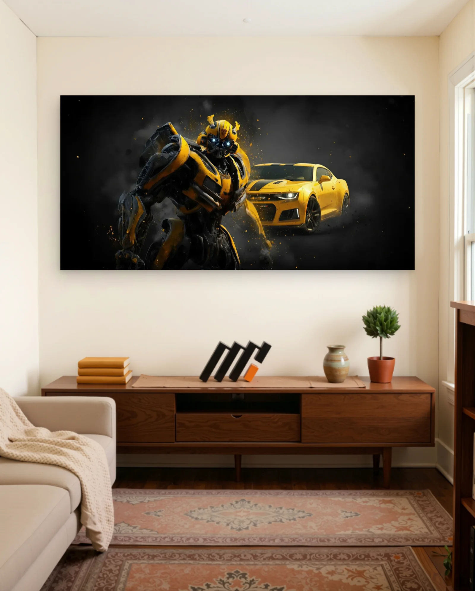 Bumblebee and Chevrolet Camaro Wall Art — framed wall art poster by Memocult