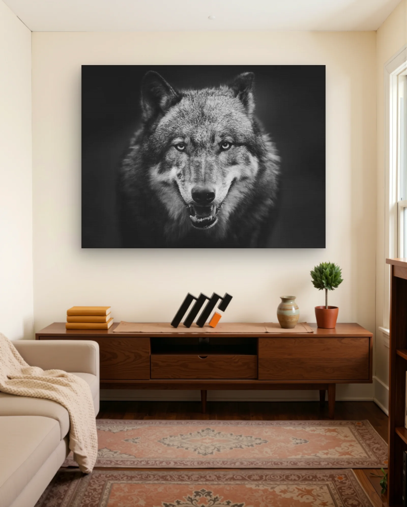 Gray Wolf Head On Snarl Wall Art — framed wall art poster by Memocult