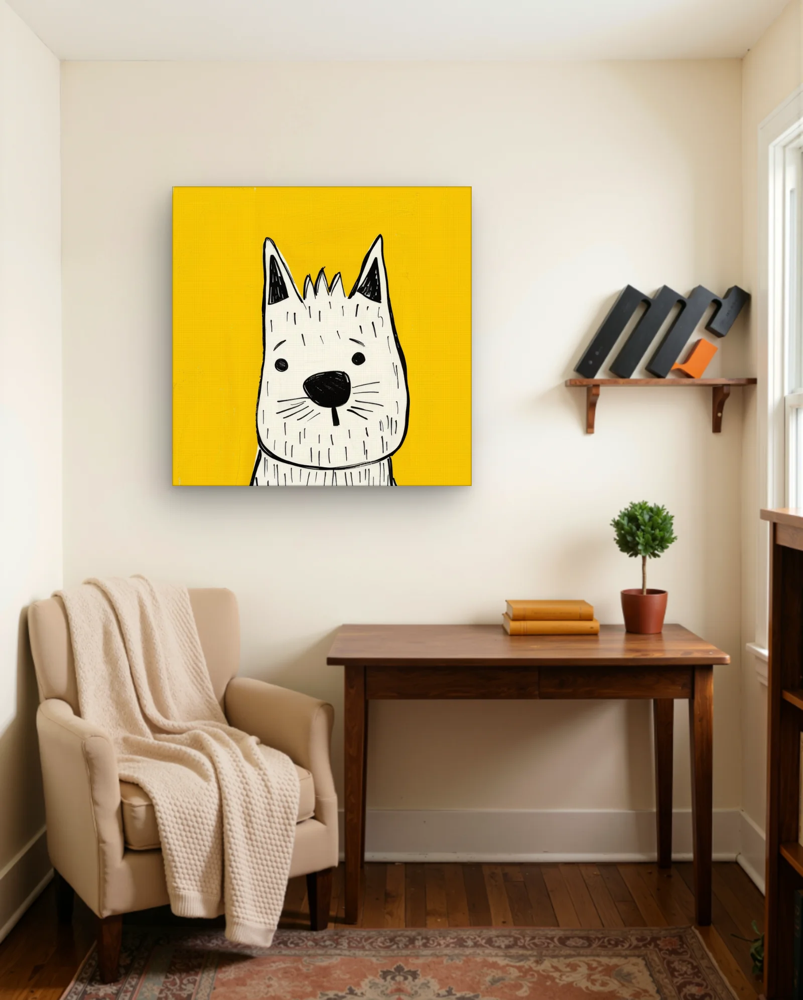 Peeking White Dog Head On Yellow Wall Art — Aesthetic Moods abstract & modern wall art poster