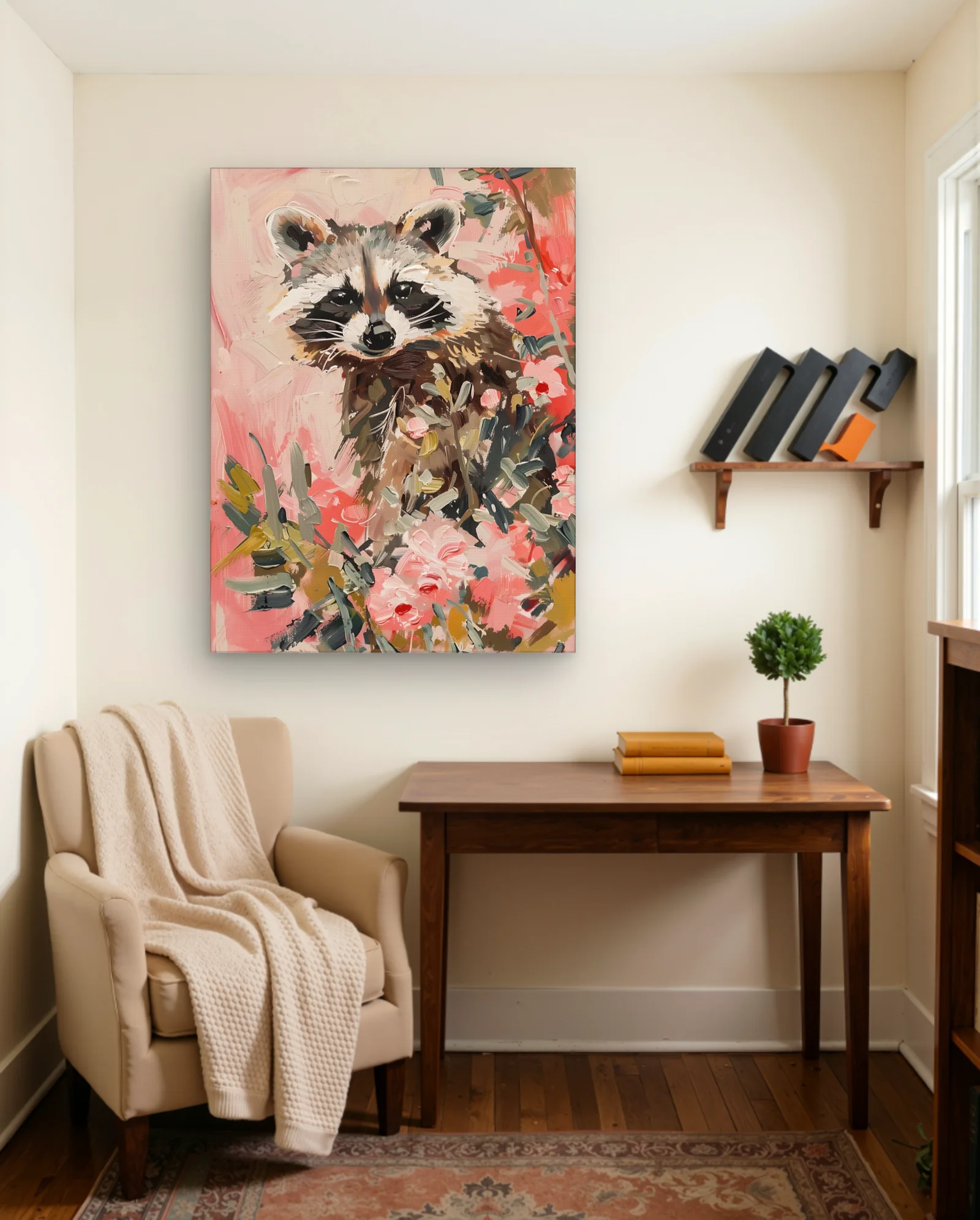 Raccoon Pink Floral Wall Art — framed wall art poster by Memocult
