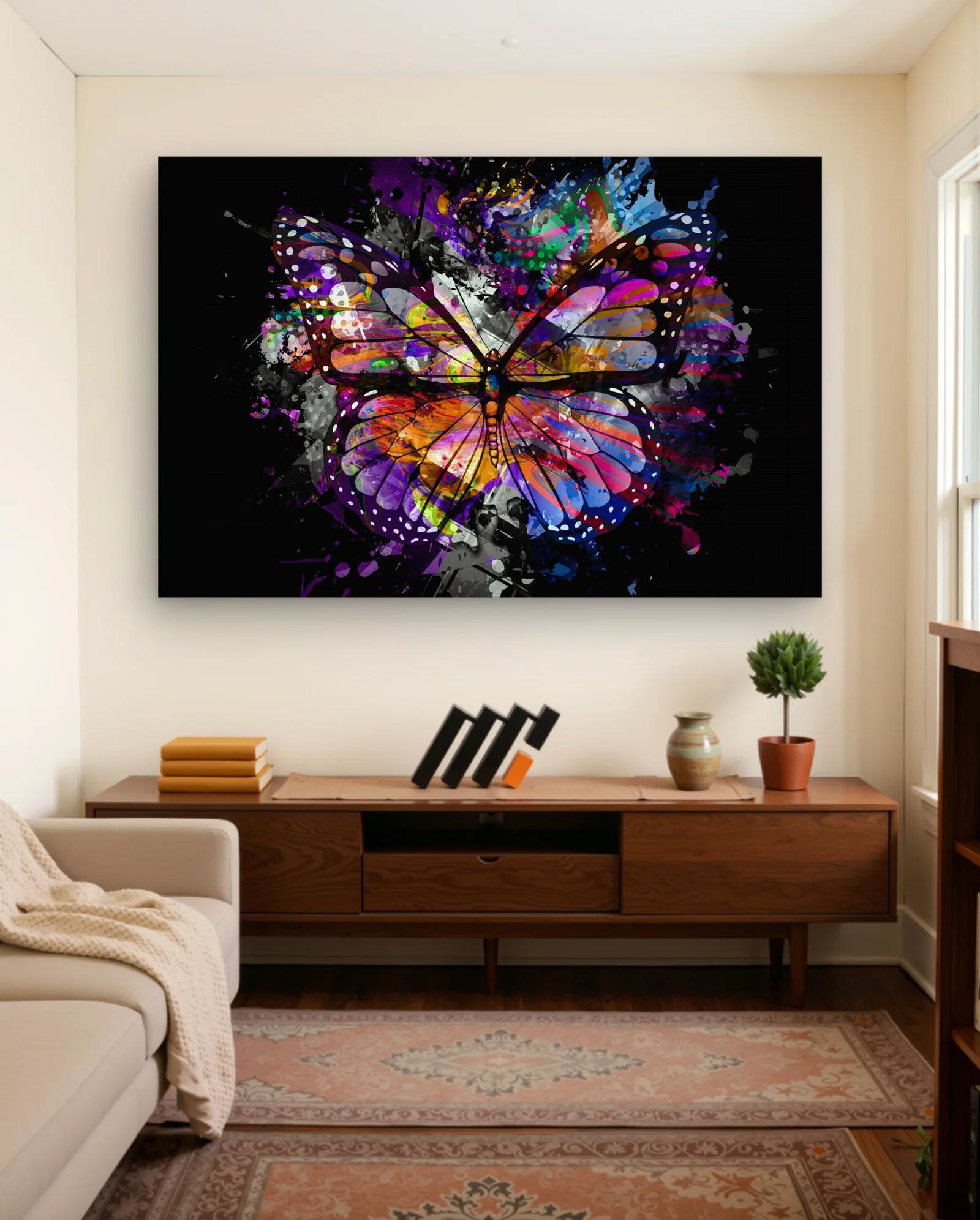 Neon Paint Splatter Butterfly Wall Art — framed wall art poster by Memocult