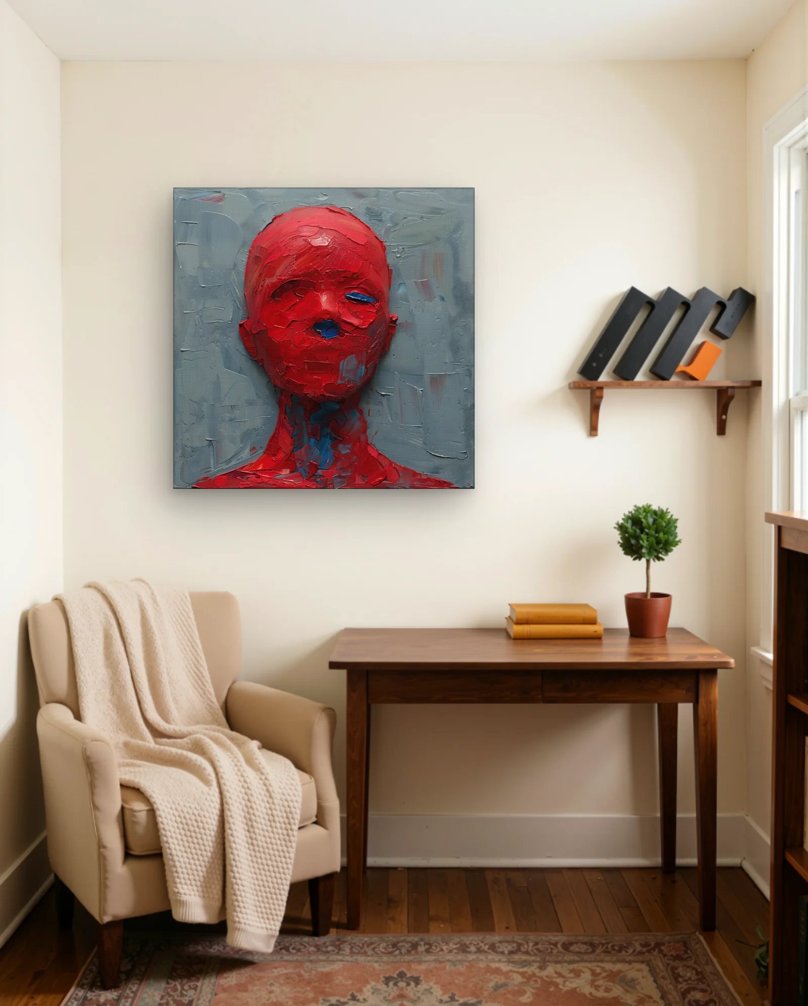 Red Face Blue Eyes Portrait Wall Art — framed wall art poster by Memocult