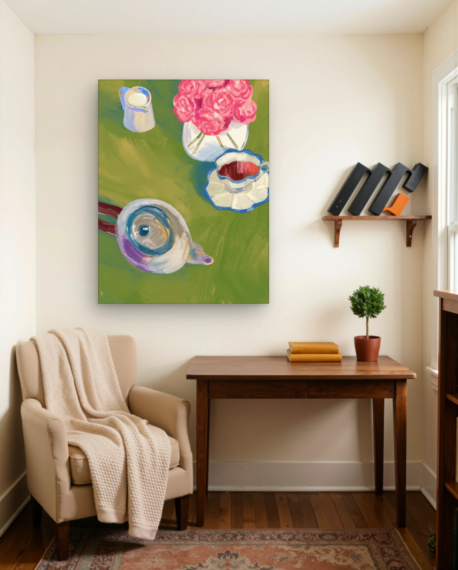 Tea Set With Pink Roses Wall Art — framed wall art poster by Memocult