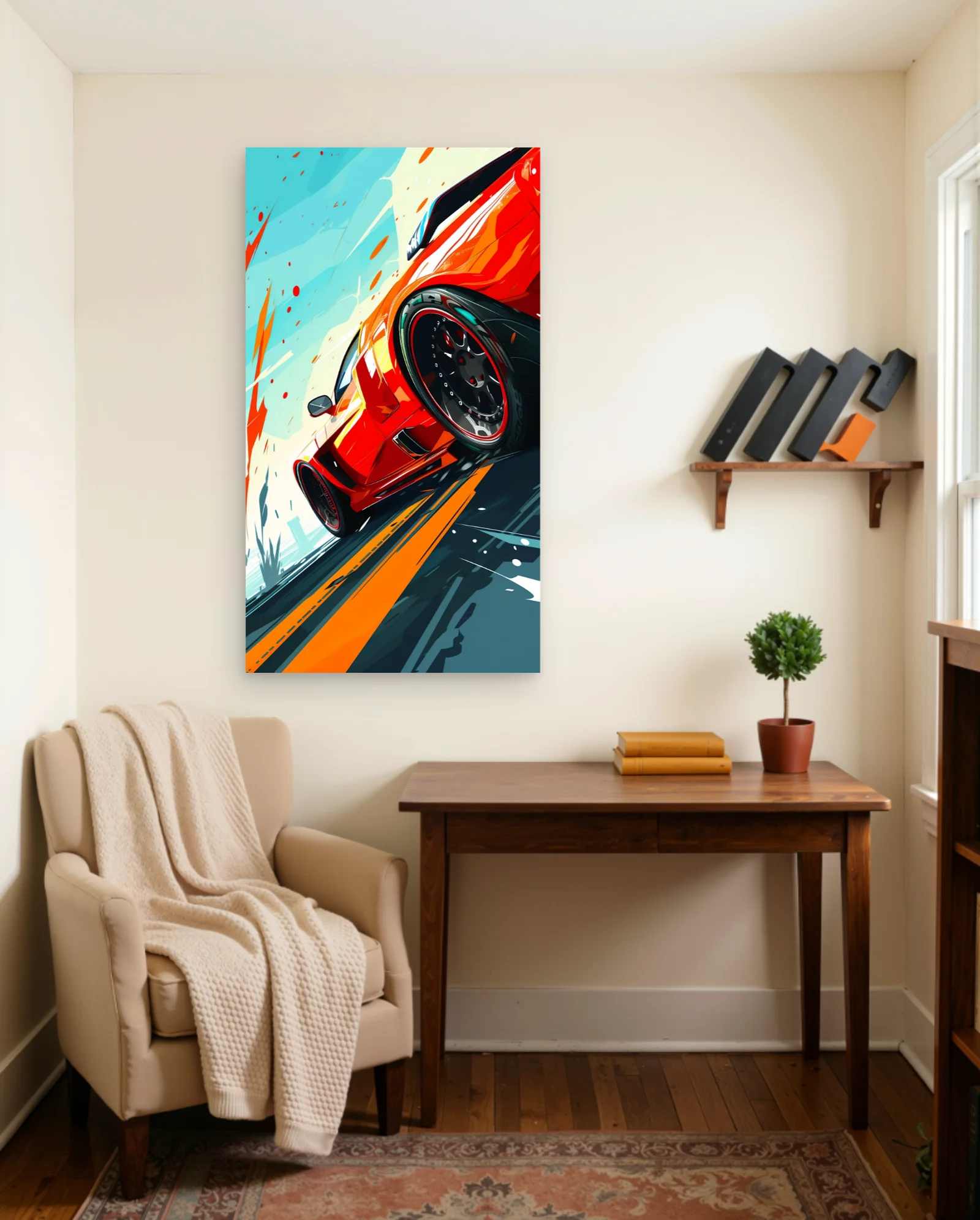 Red Sports Car Dynamic Motion Poster — framed wall art poster by Memocult