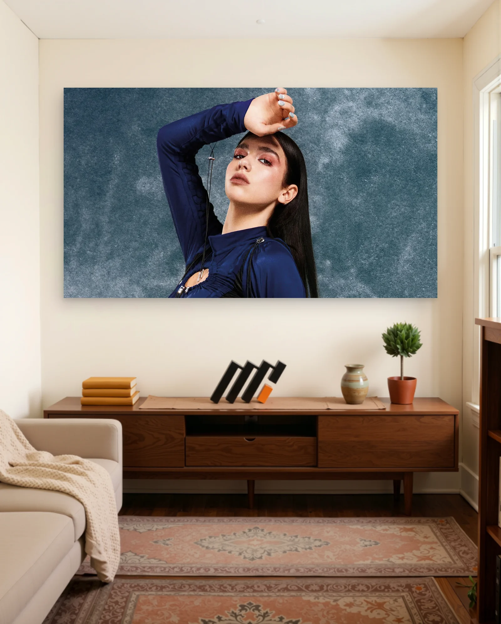 Dua Lipa Blue Outfit Poster — framed wall art poster by Memocult