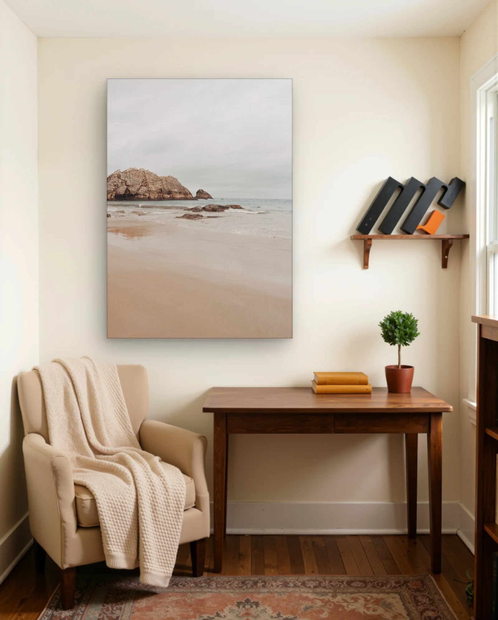 Rocky Headland Overcast Beach Wall Art — framed wall art poster by Memocult
