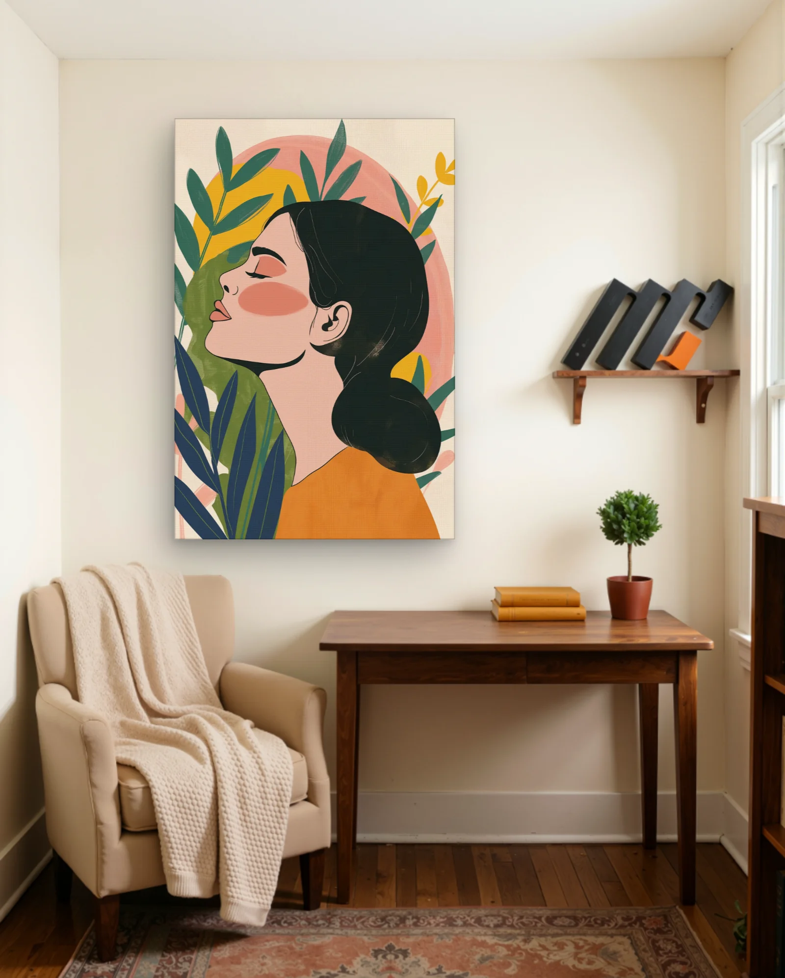 Woman Profile With Dark Bun And Plants Wall Art — framed wall art poster by Memocult
