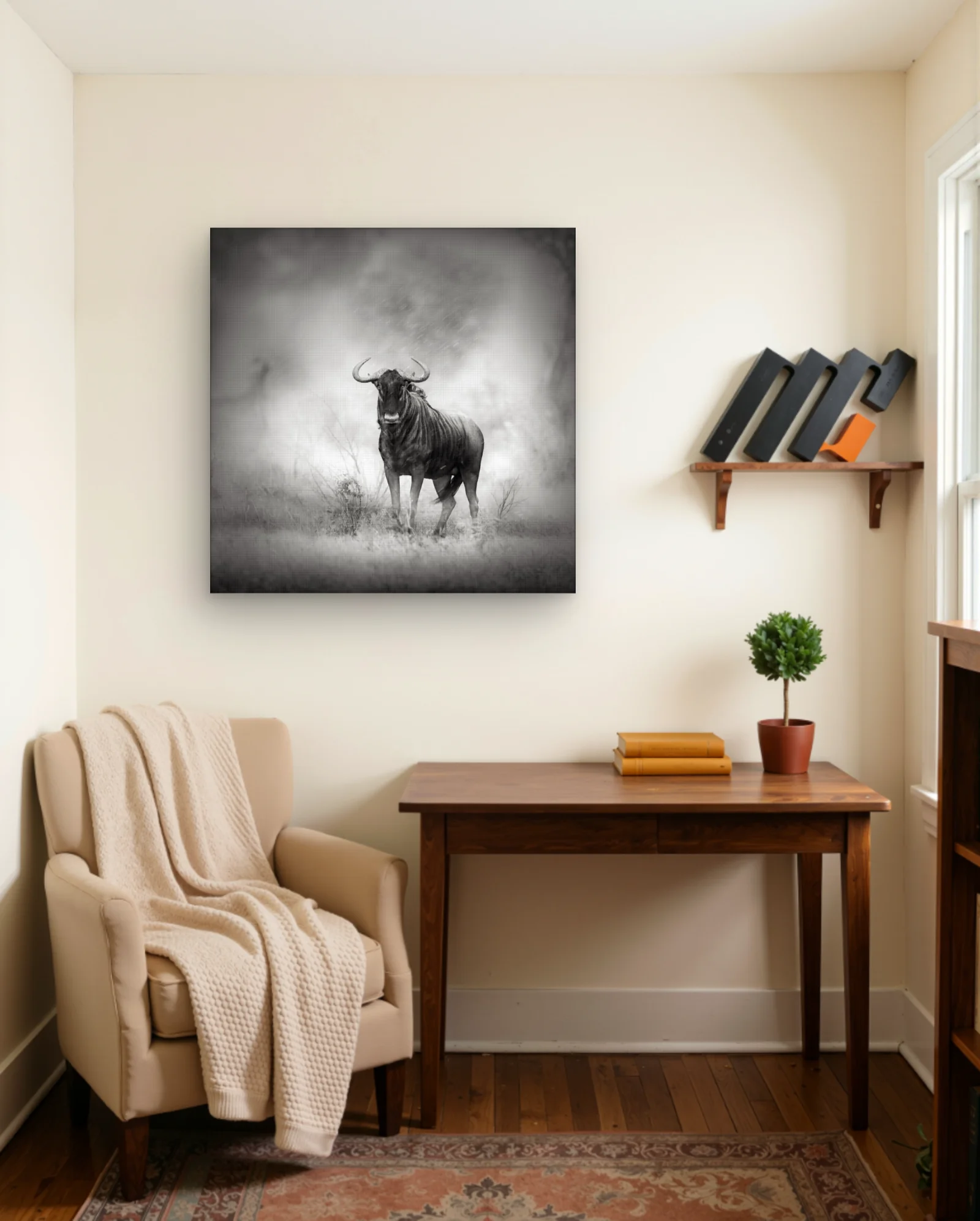 Blue Wildebeest Head On In Rain Wall Art — framed wall art poster by Memocult