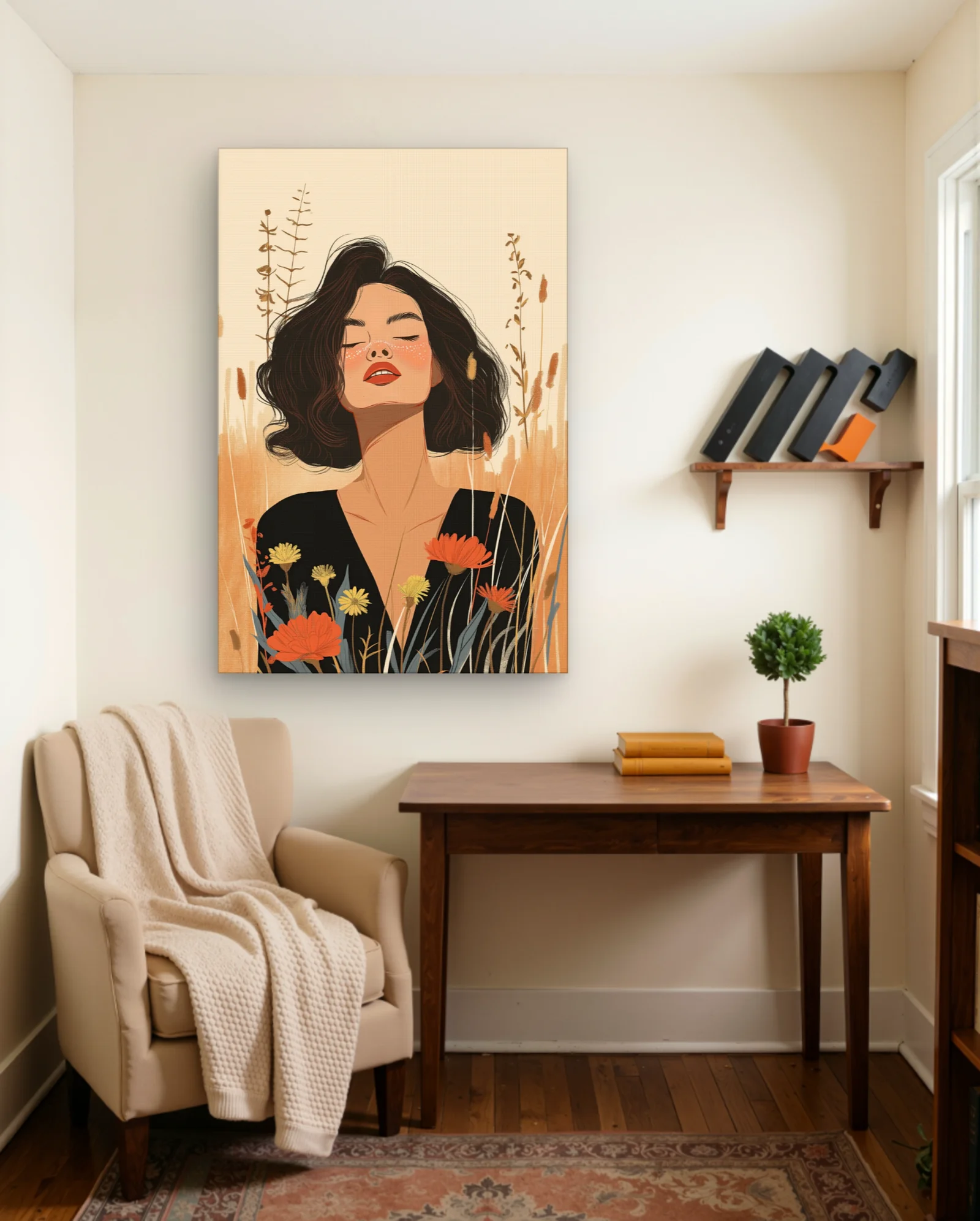 Woman With Freckles And Wildflowers Wall Art — framed wall art poster by Memocult
