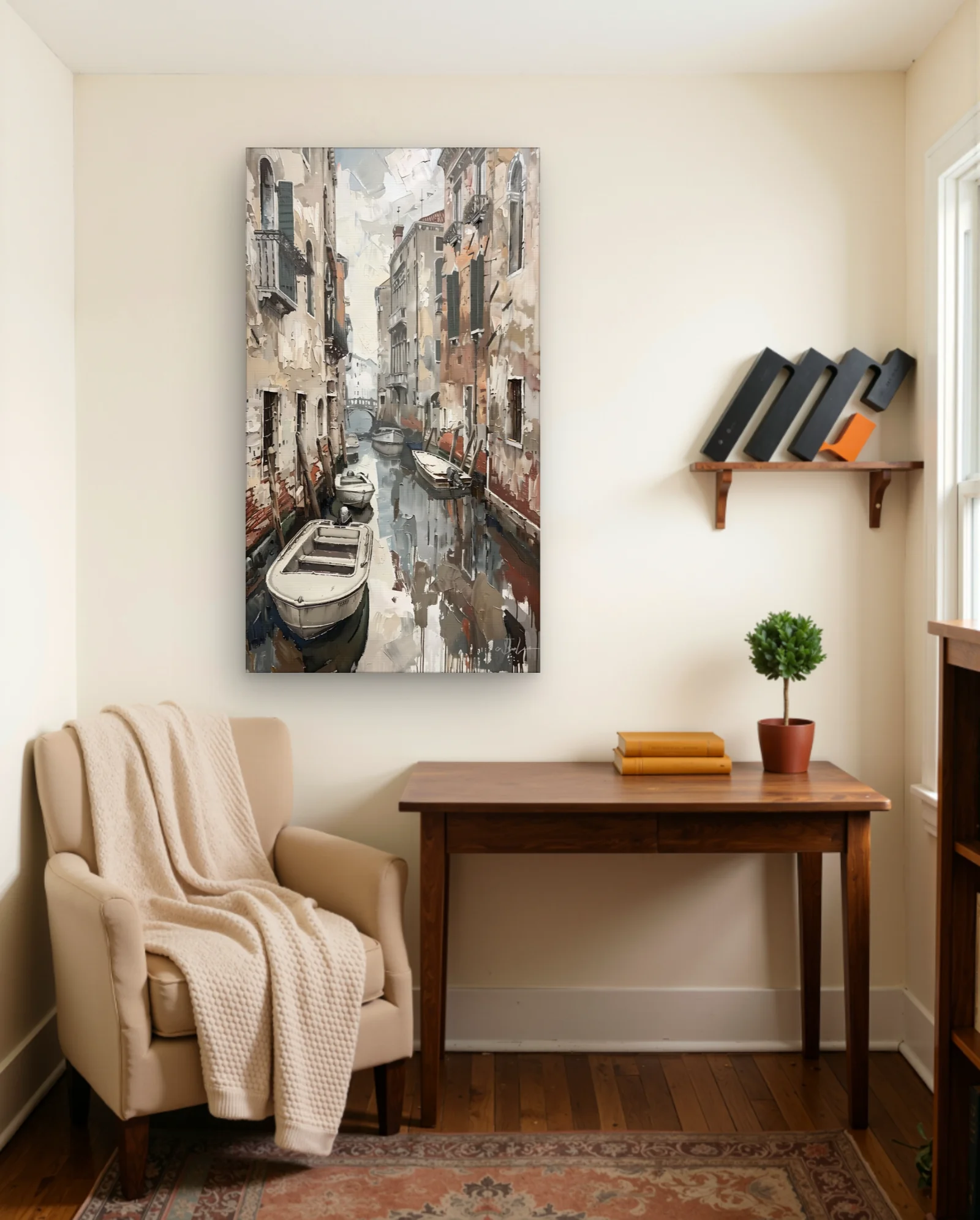 Venice Canal With Boats And Bridge Wall Art — framed wall art poster by Memocult