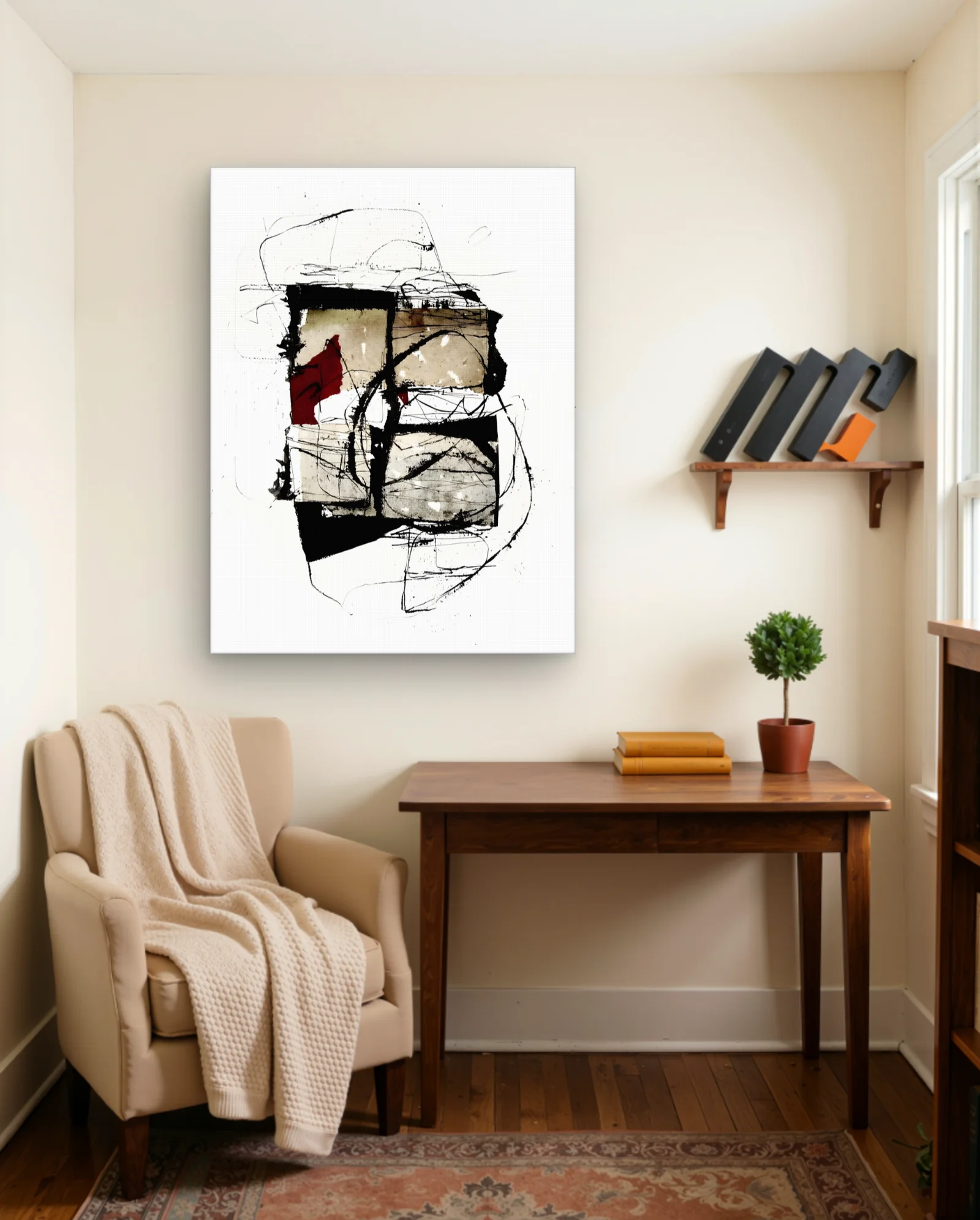Abstract Ink Grid Red Patch Scribble Wall Art — framed wall art poster by Memocult