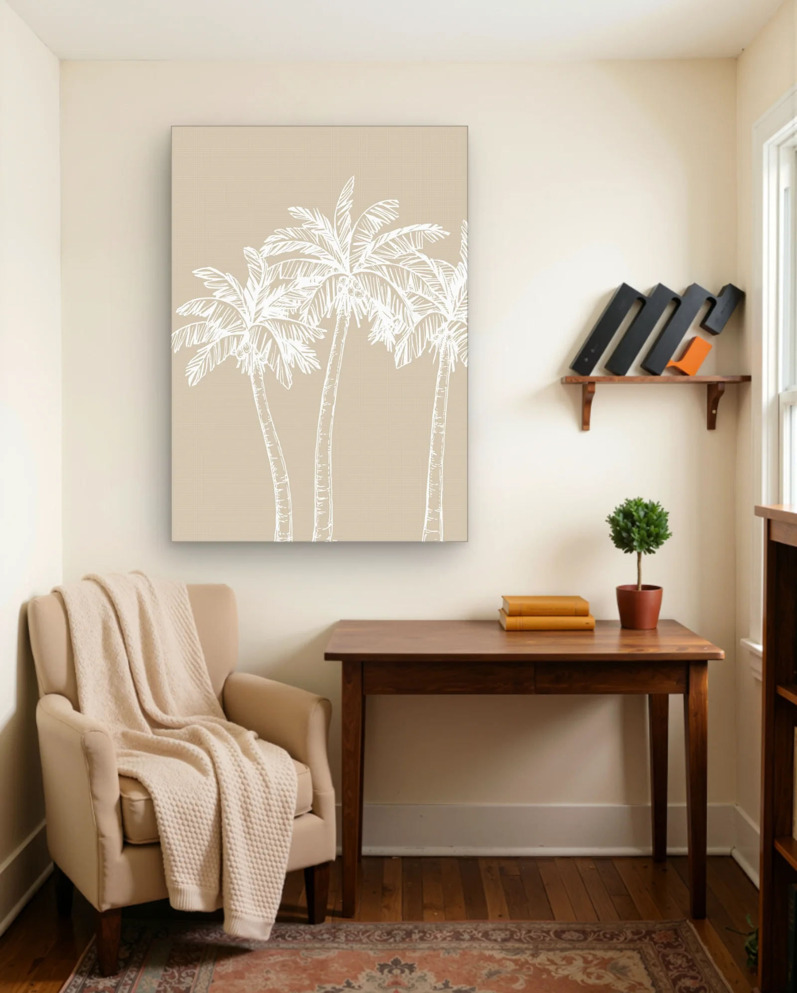 Three White Coconut Palms Beige Wall Art — framed wall art poster by Memocult