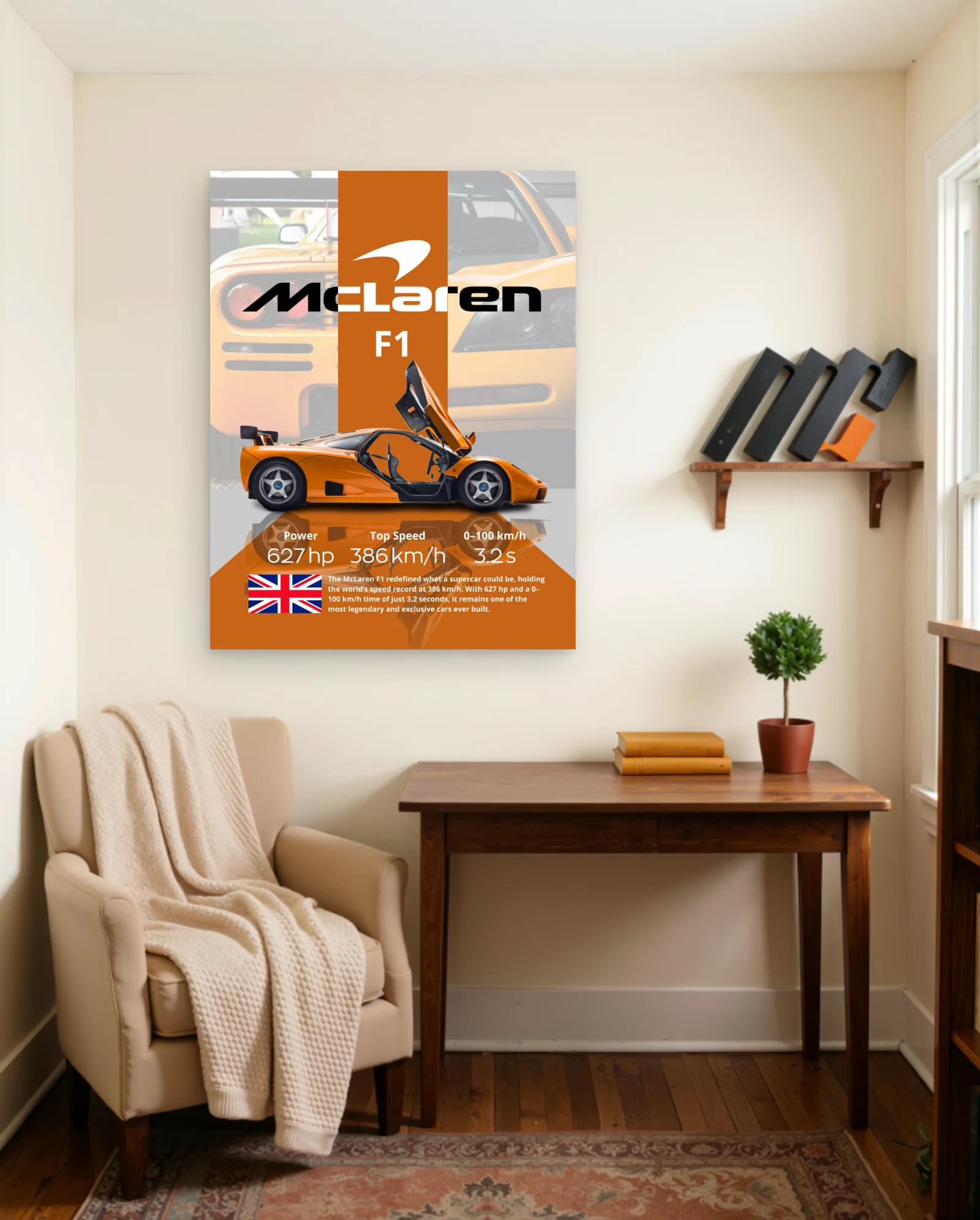 McLaren F1 Orange Side Profile Poster — framed wall art poster by Memocult