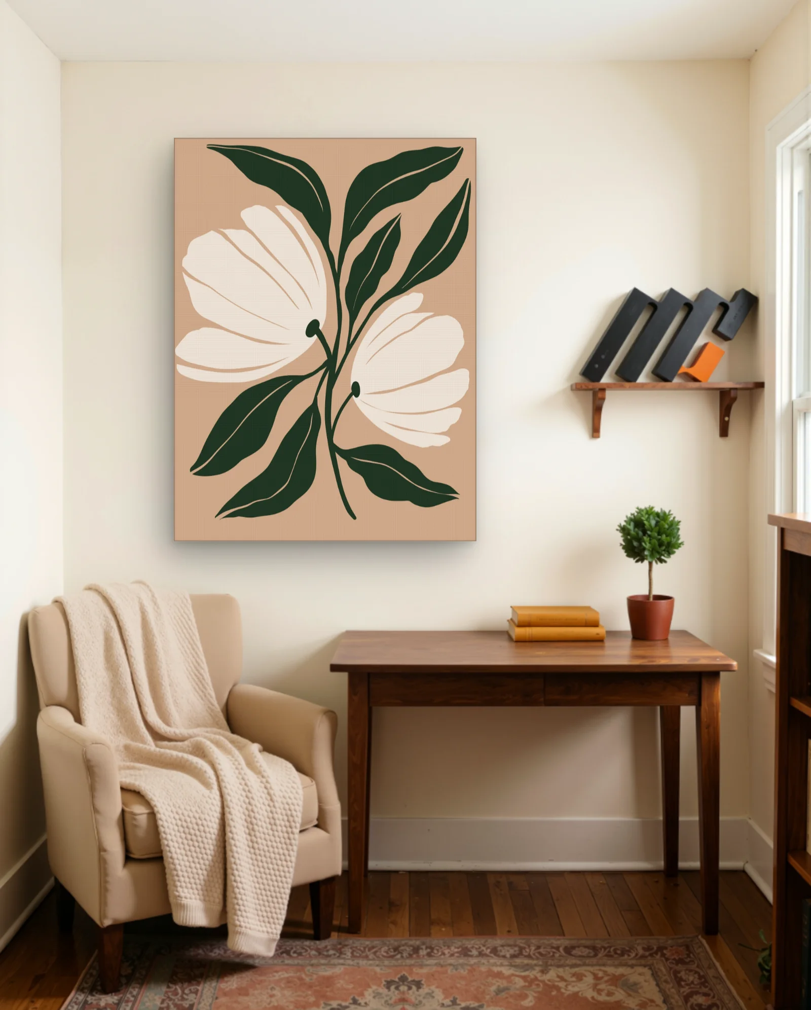 Cream Flowers Dark Green Leaves Wall Art — framed wall art poster by Memocult