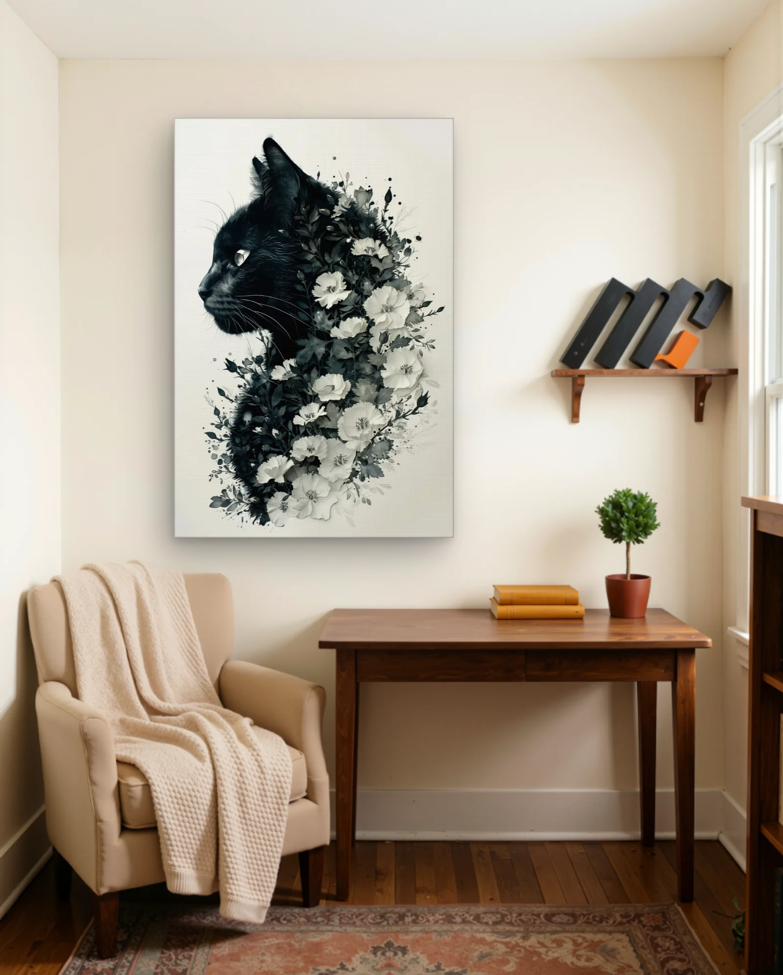 Black Cat With White Flowers Wall Art — framed wall art poster by Memocult