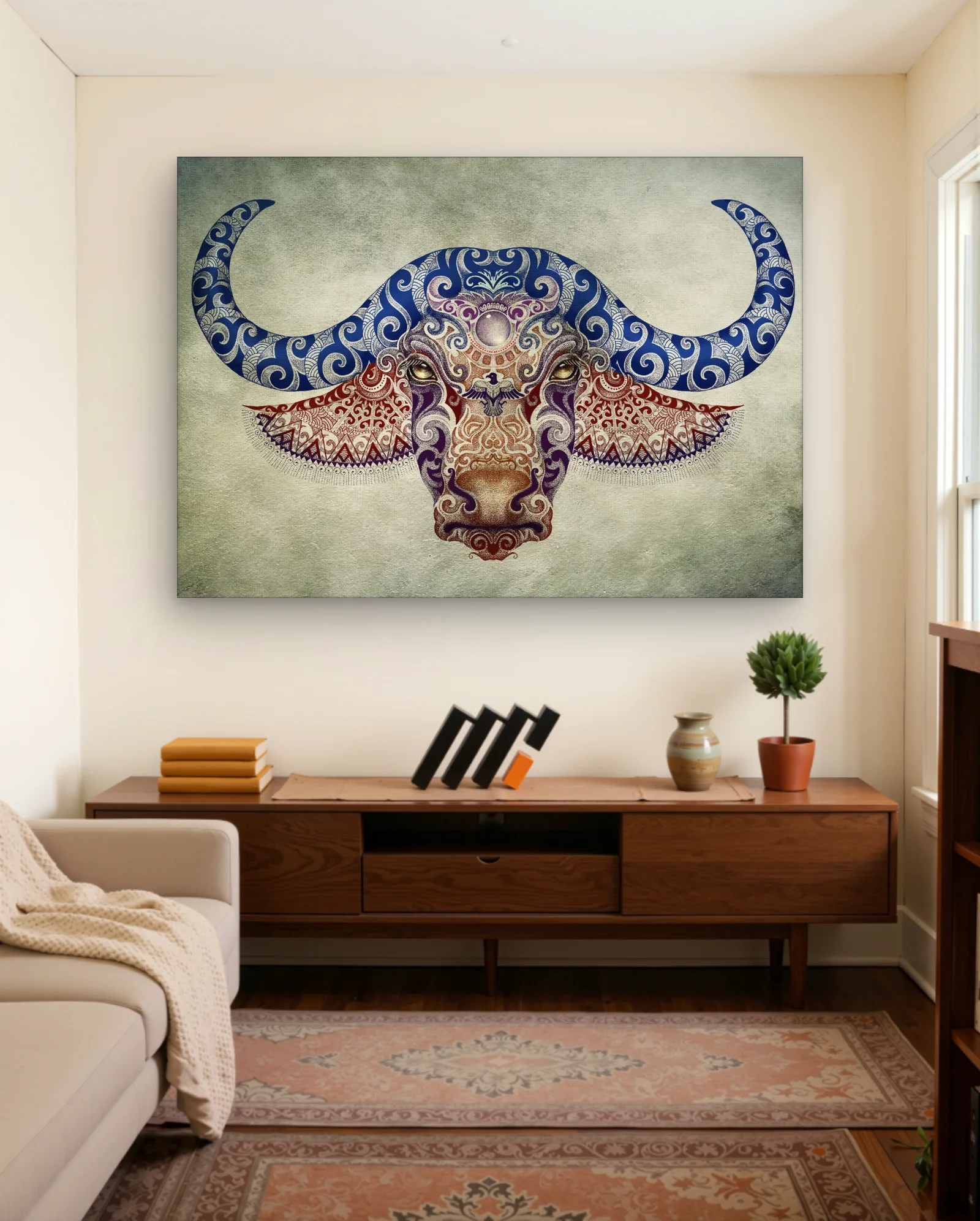 Water Buffalo Blue Horns Mandala Wall Art — framed wall art poster by Memocult