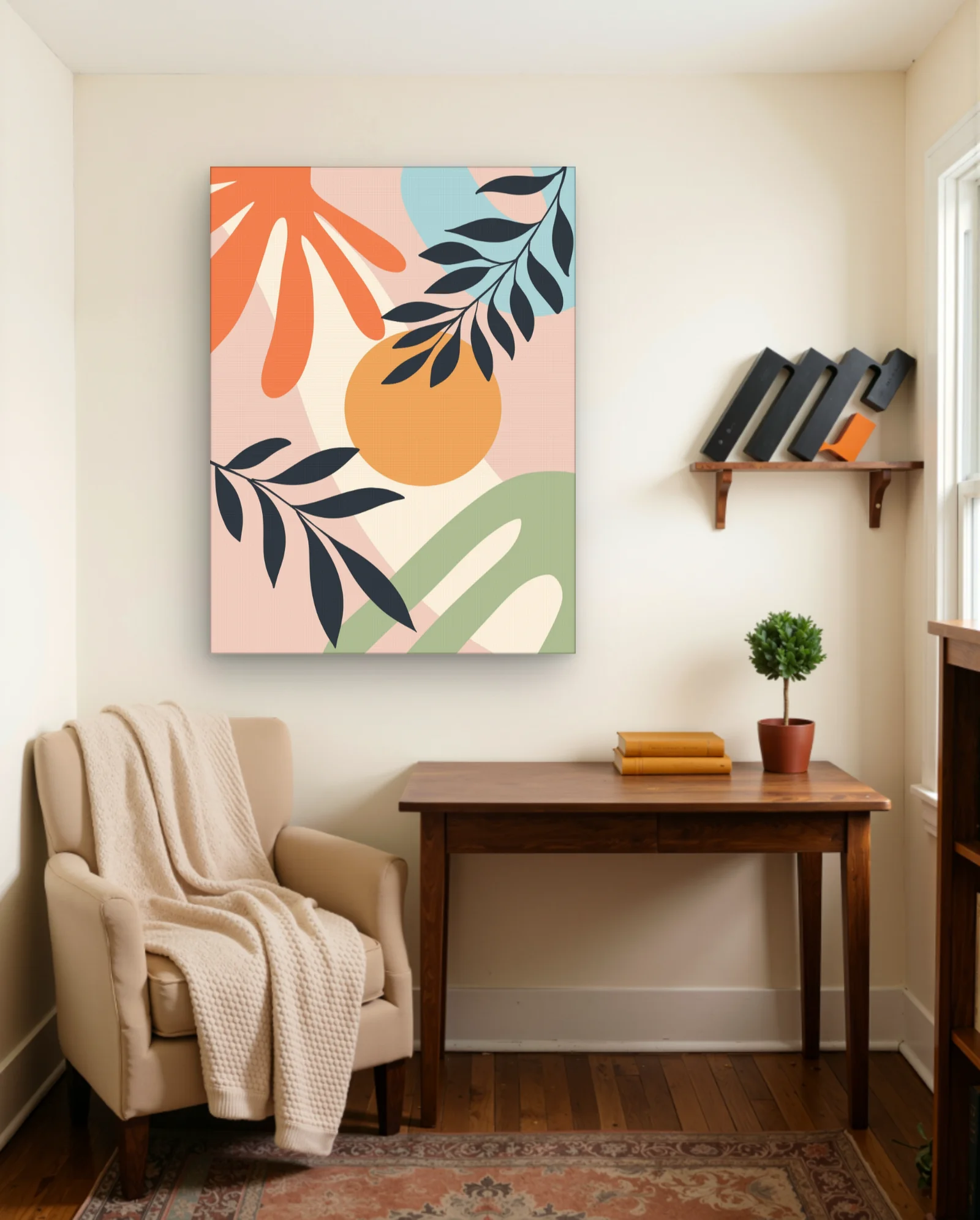 Orange Sun With Navy Leaves Abstract Wall Art — framed wall art poster by Memocult