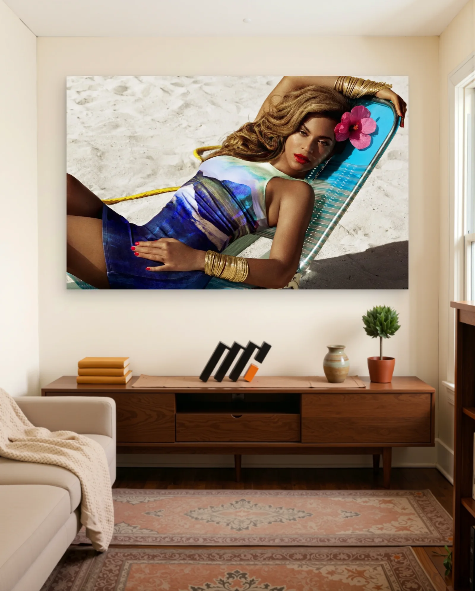 Beyoncé Beachside Glamour Poster — framed wall art poster by Memocult