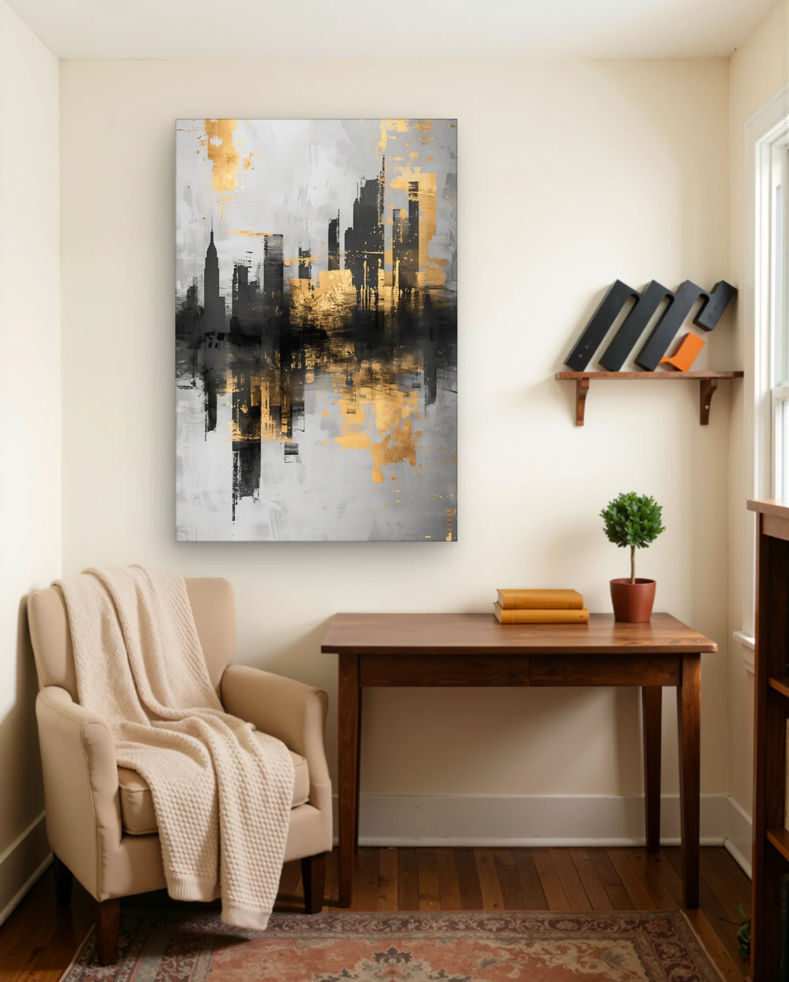 Gold Black City Skyline Reflection Wall Art — Modern Digital Art abstract & modern wall art poster
