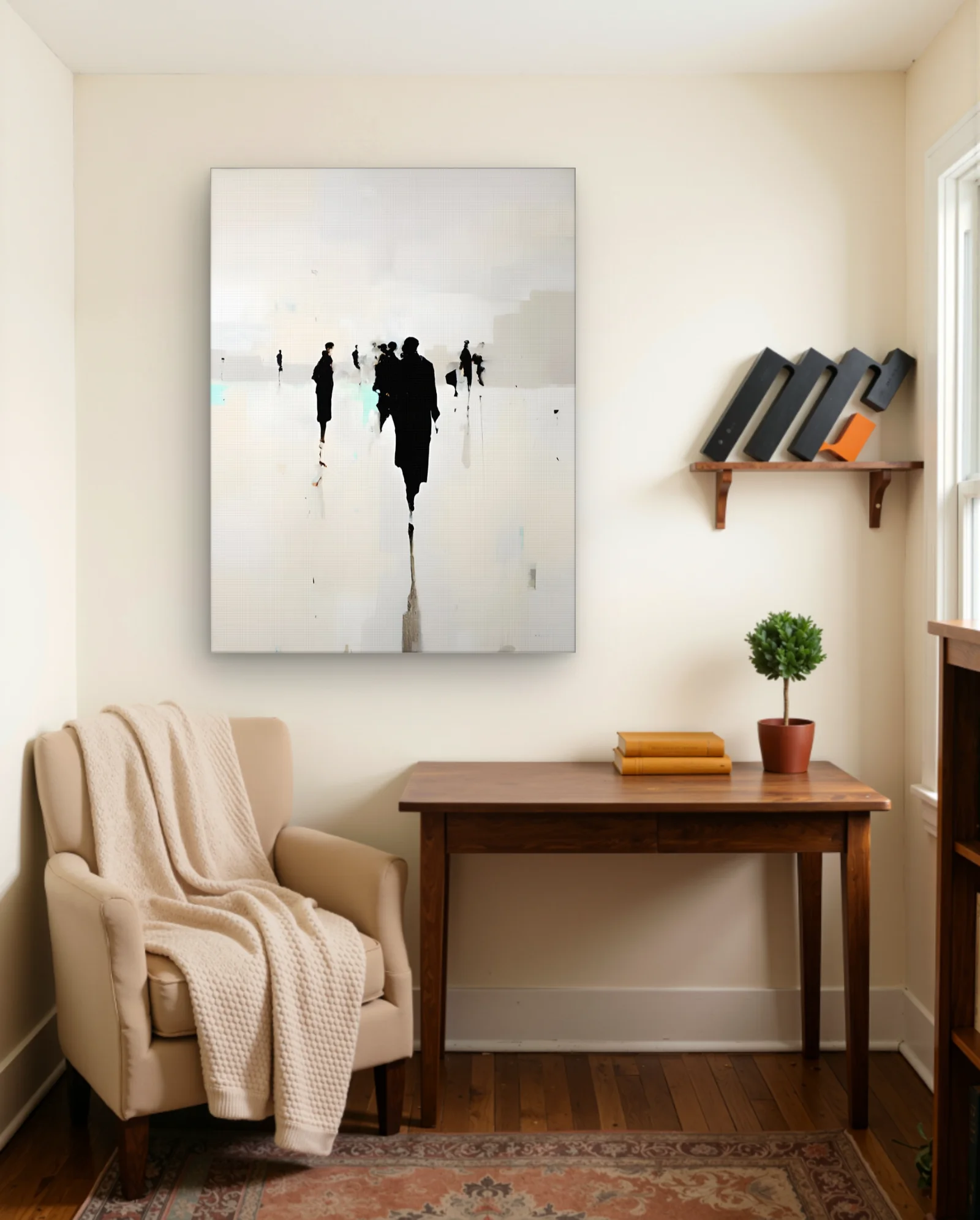 Shadow Walkers — High‑Key Silhouette Procession with Vertical Drip — Abstract abstract & modern wall art poster