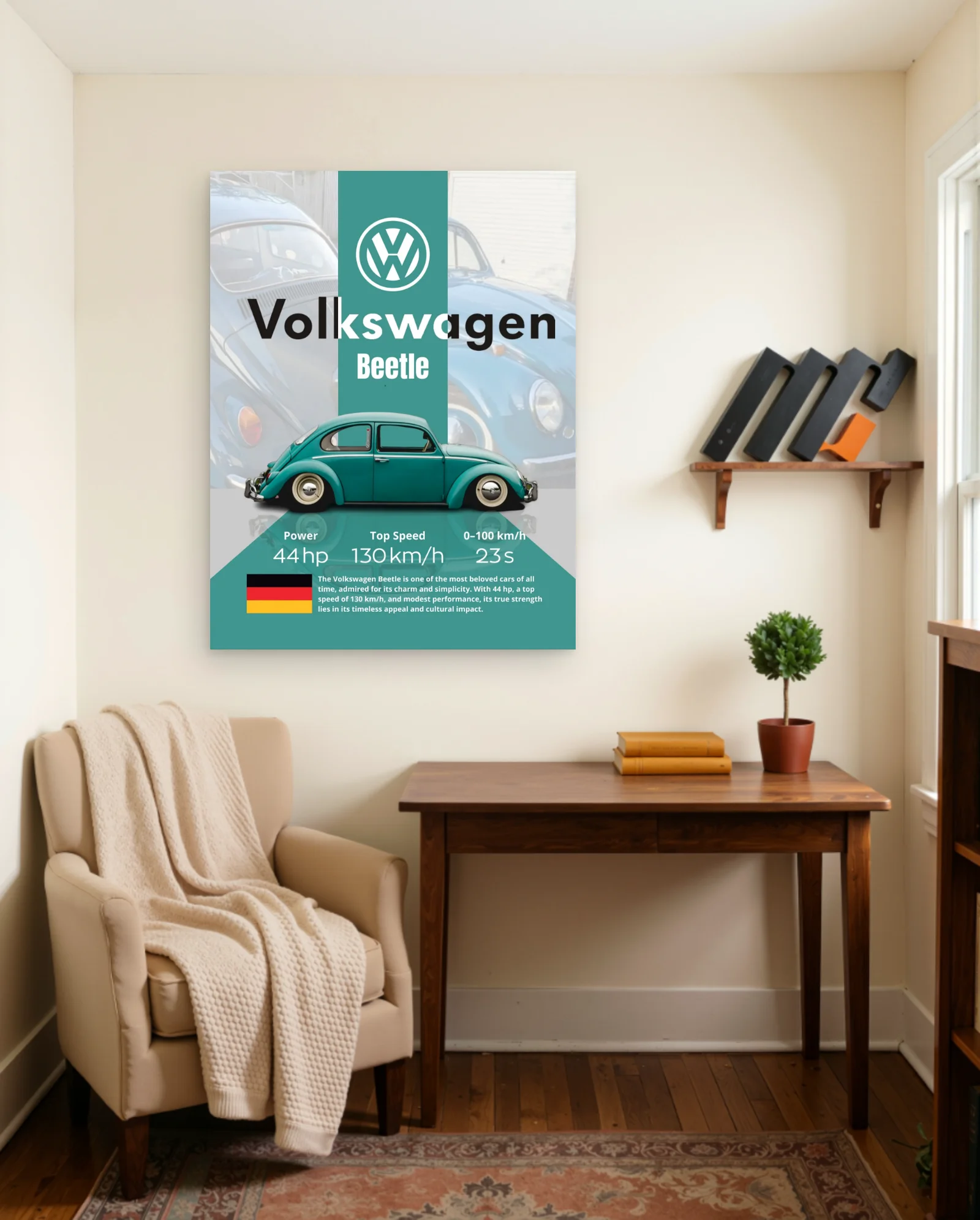 Teal Volkswagen Beetle Side Profile Poster — framed wall art poster by Memocult