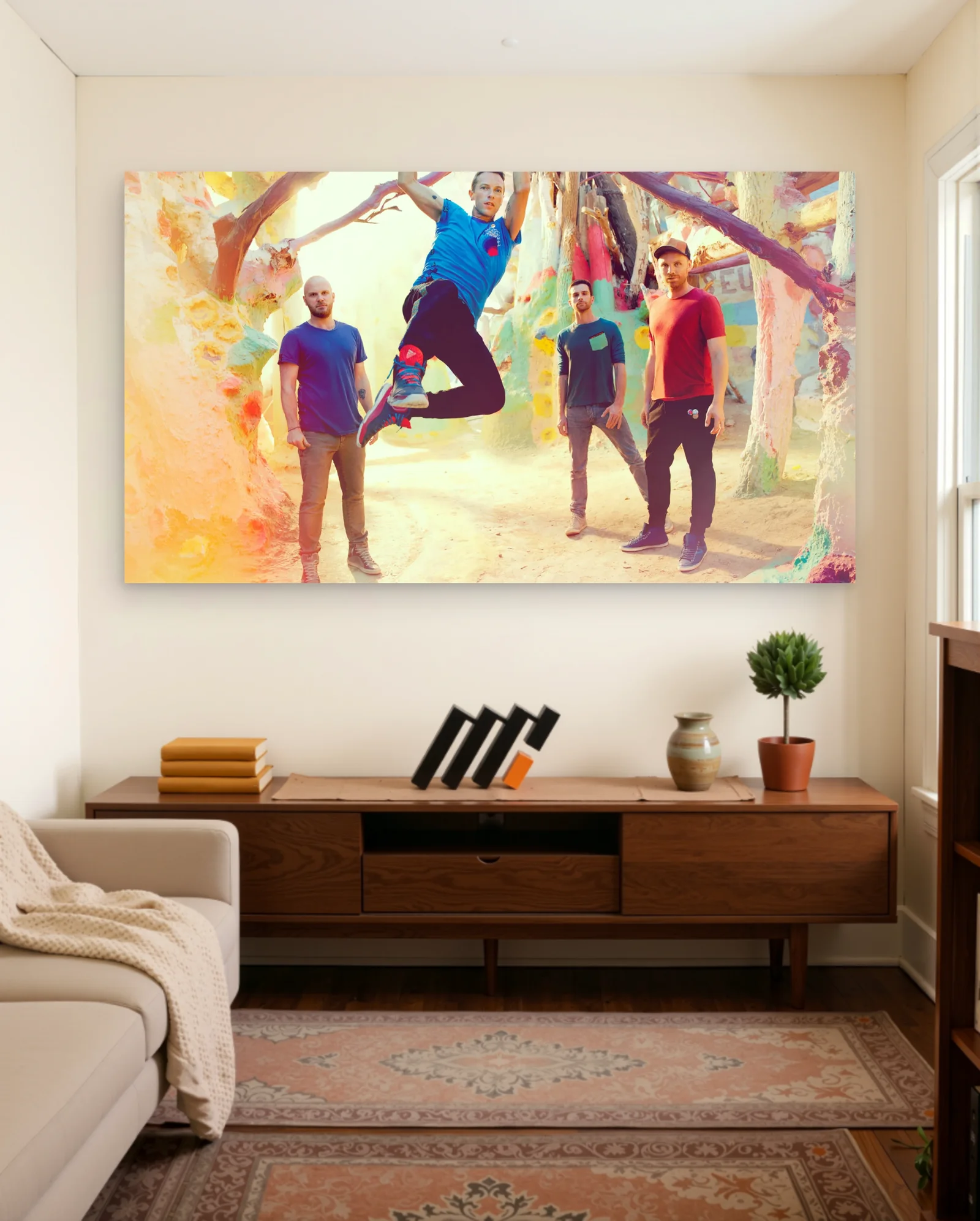 Coldplay Jumping In Colorful Landscape Poster — framed wall art poster by Memocult